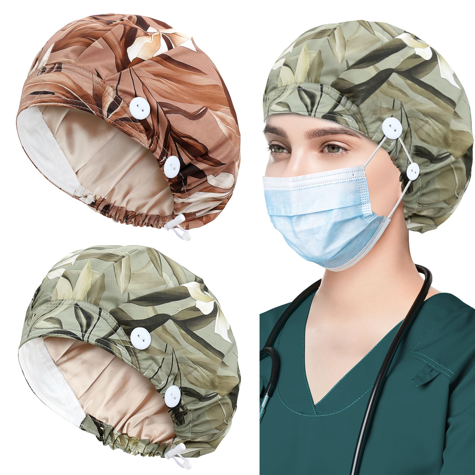 ABAMERICA 2 Pack Bouffant Caps with Button and Sweatband, Adjustable Scrub Caps for Women Men, One Size Multi Color