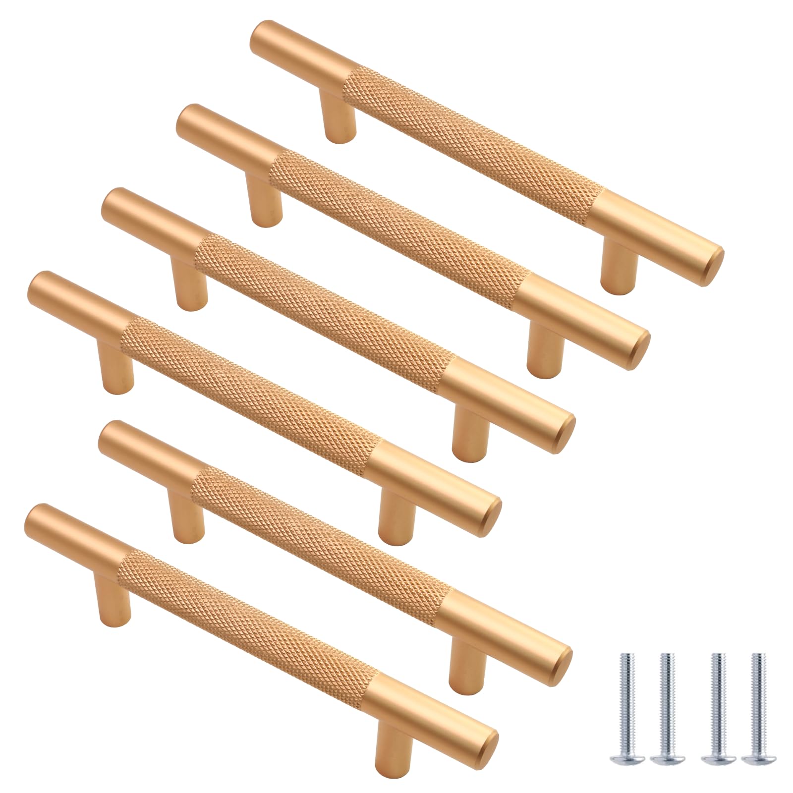 Cjueiom 6 Pack Gold T Bar Cupboard Handles, 96mm Hole Center, Wardrobe & Drawer Handles with Diamond Pattern, Kitchen Cabinet Pulls