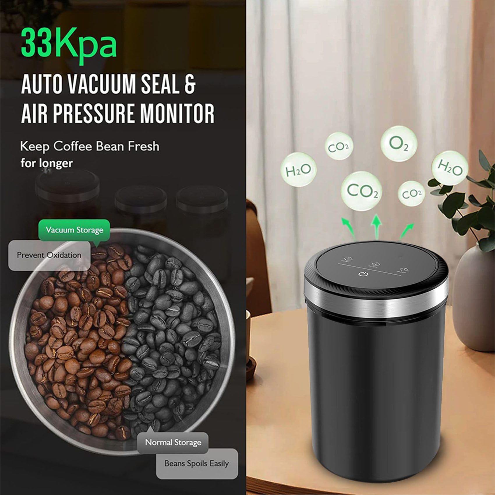 2X Vakuum-Kaffeedosen mit Luftdichtem Deckel, 33 KPa, Automatische Vakuumierung und Stopp, Touchscreen-Vorratsdose, 1,6 L/54 Oz