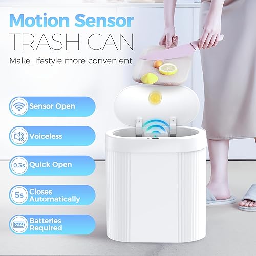 Miniatura 2 de Basurero de baño de 5 galones con tapa, sensor de movimiento automático, cubo de basura blanco, sin contacto, delgado, impermeable, para cocina,