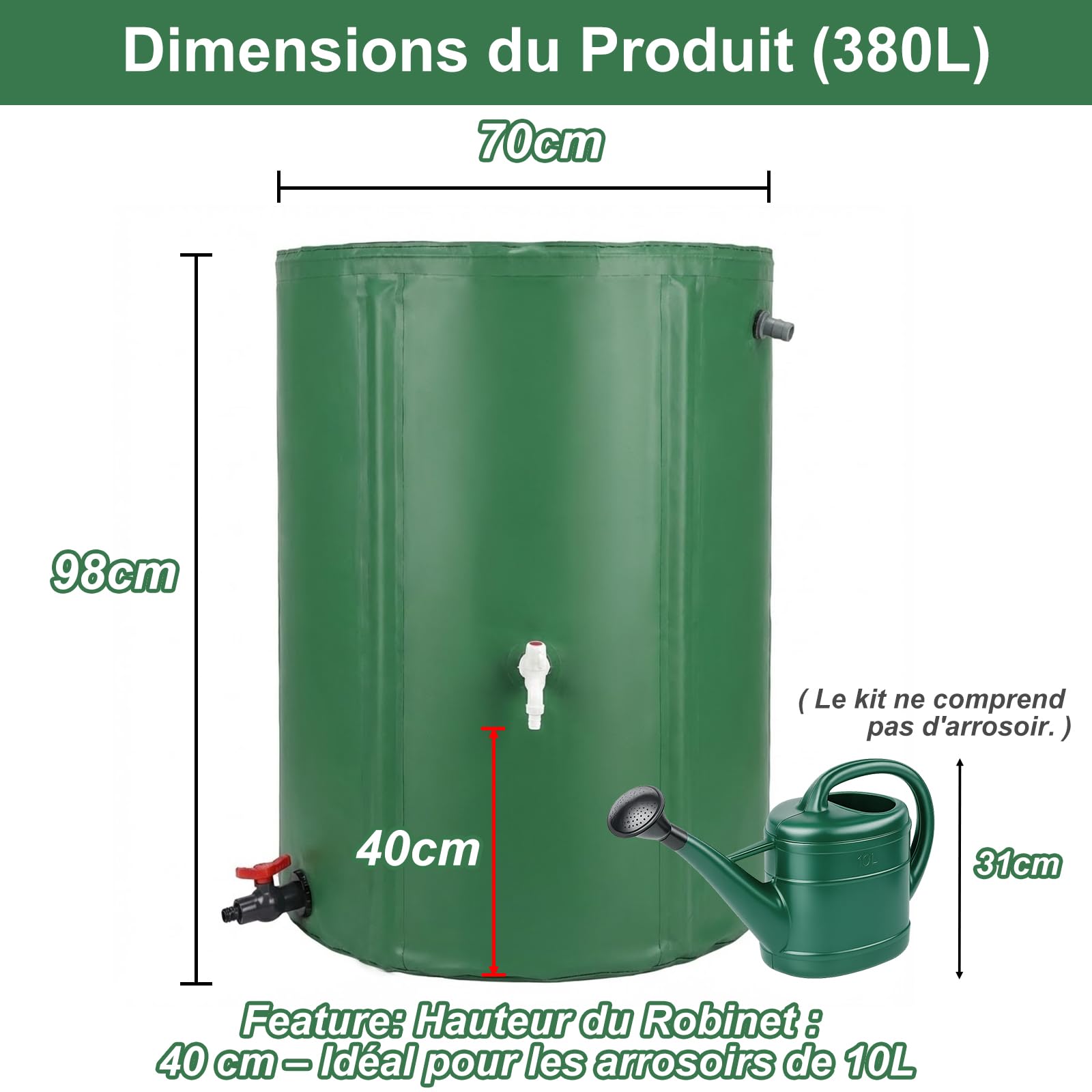 BeGrit Barril de Lluvia Plegable 380L Cisterna Agua Sistema Recogida Agua | Barril Portátil con Válvula Drenaje PVC 1000D Tanque de Lluvia con Doble filtración y Anclaje al Suelo para Riego de Jardín