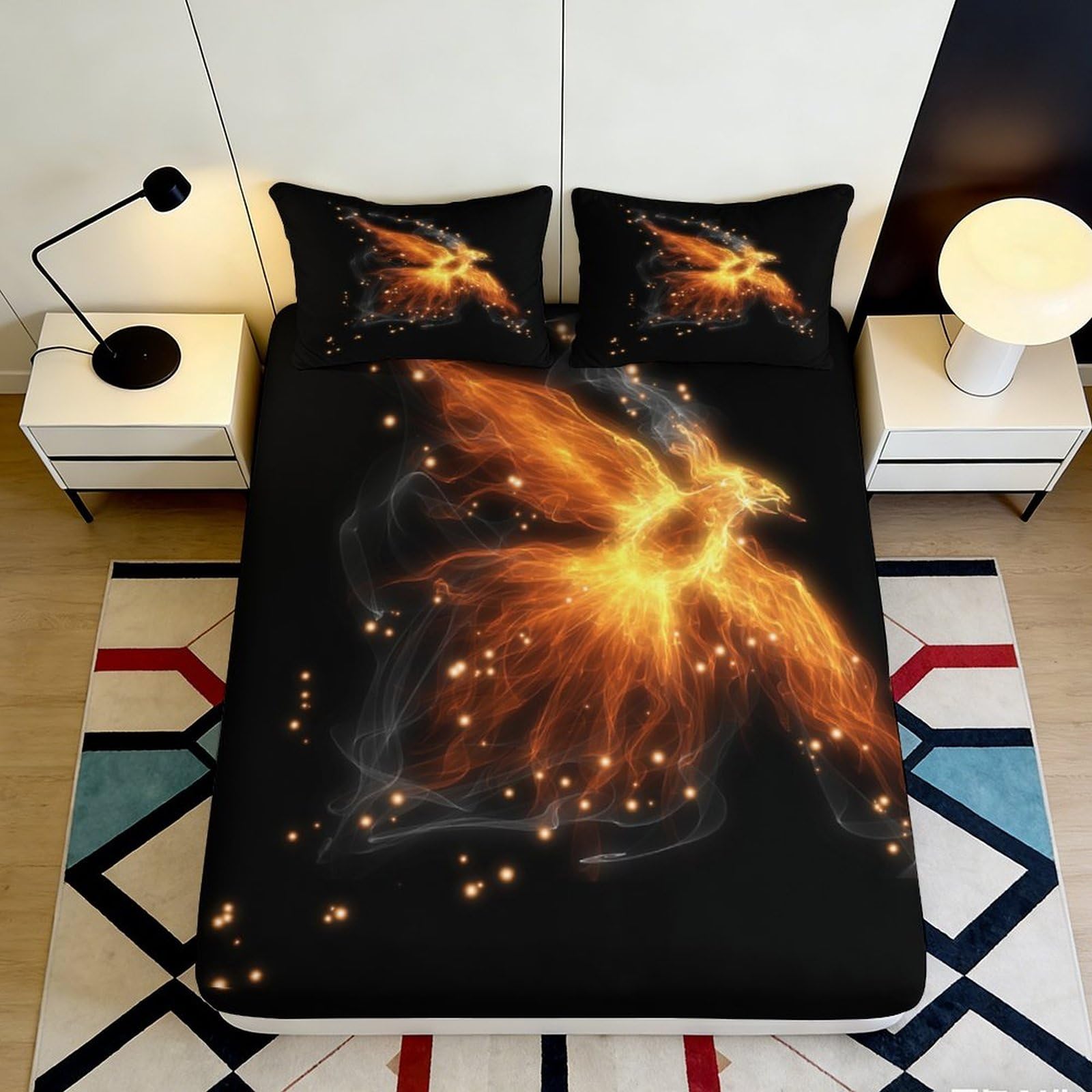 3D Printed Fire Phoenix Fitted Sheet Microfiber Black Orange Mattress Cover Bedroom Dorm Decorative Bed Sheet 90x200x25cm