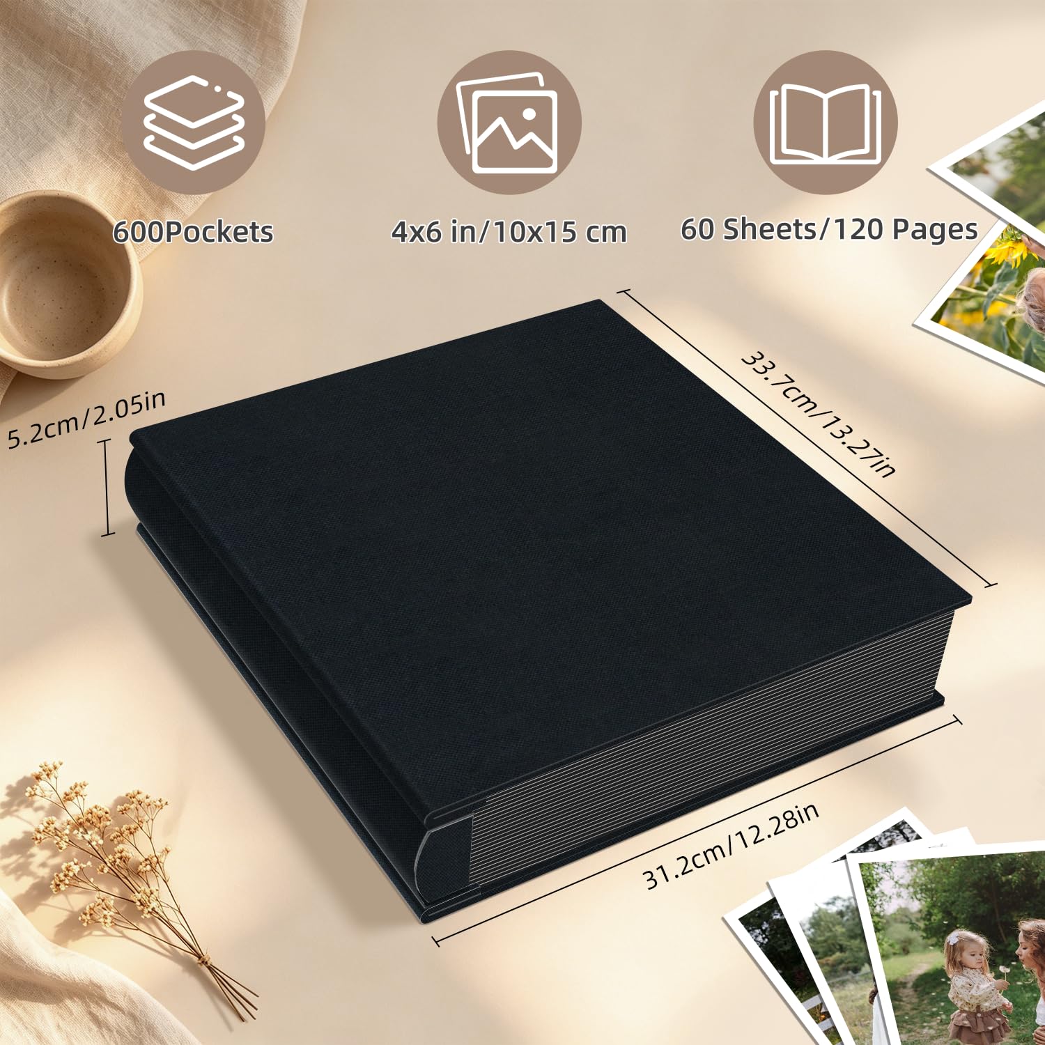 Popotop Album na zdjęcia, 4 x 6, 600 kieszeni, na prezenty ślubne, lniane albumy na zdjęcia w twardej oprawie na rodzinną rocznicę, zdjęcia z wakacji dziecka