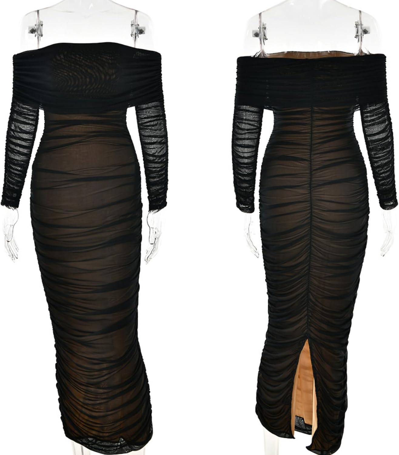 JUMISEE Women's Sheer Mesh Long Sleeve Off Shoulder Maxi Dress Elegant Ruched Tulle Bodycon Formal Dress Cocktail Dresses - Image 6