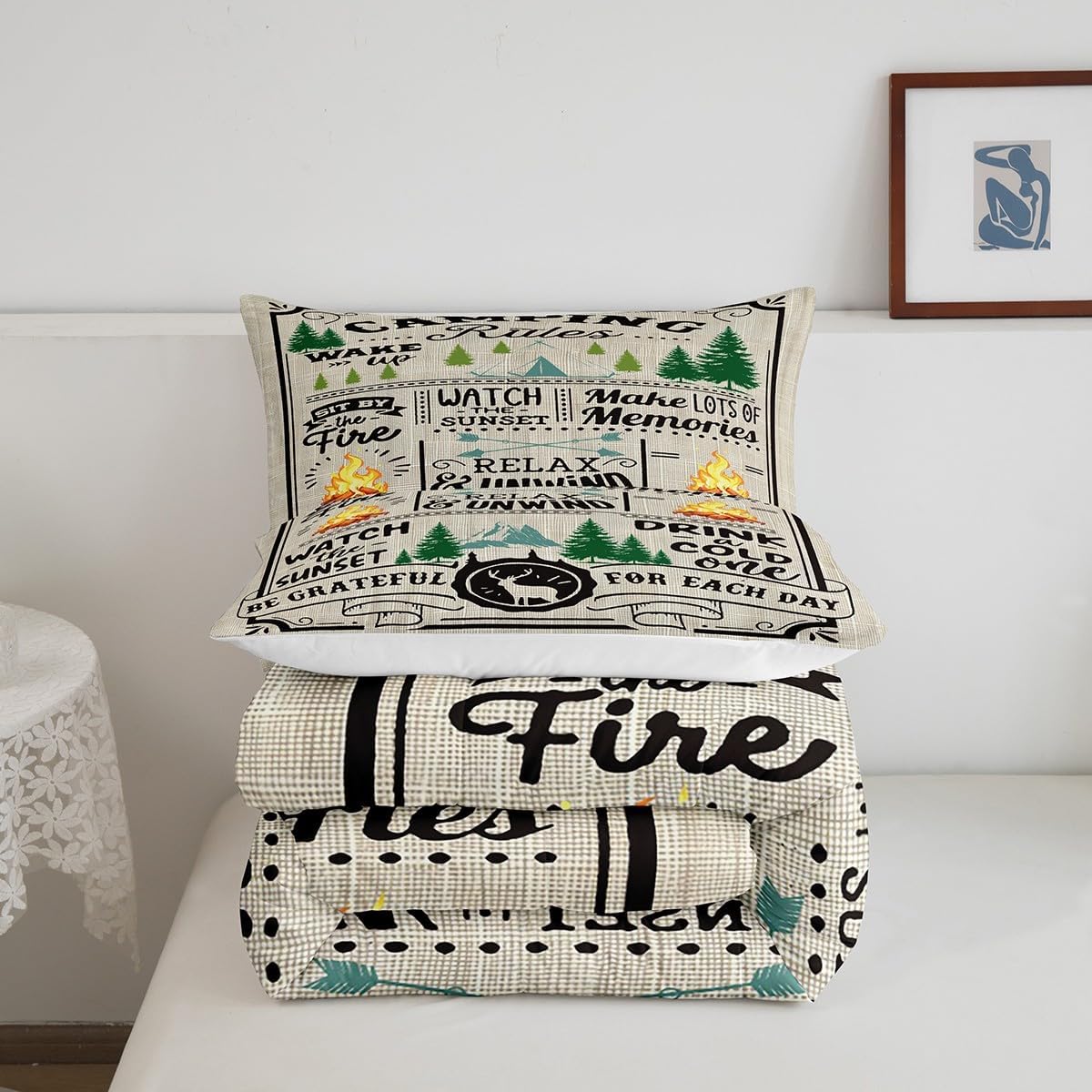 Teens Camper Comforter Set Queen Size,Happy Camping Bedding Set for Kids Boys Girls Bedroom Decoration,Pine Bonfire Bed Duvet Insert,Rustic Vintage Comforter with 2 Pillowcases