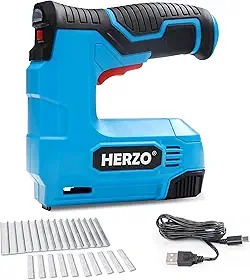 HERZO Pistola de grampo elétrica, grampeador elétrico de íon de lítio 2 em 1, kit de pregos sem fio de 4 V com pregos, carregador USB, suporte elétrico para estofamento DIY, reparo de material