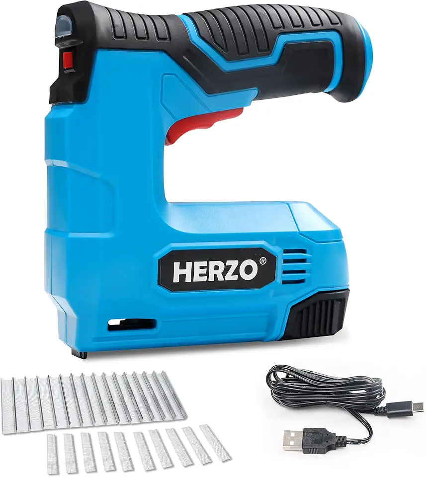 HERZO Pistola de grampo elétrica, grampeador elétrico de íon de lítio 2 em 1, kit de pregos sem fio de 4 V com pregos, carregador USB, suporte elétrico para estofamento DIY, reparo de material