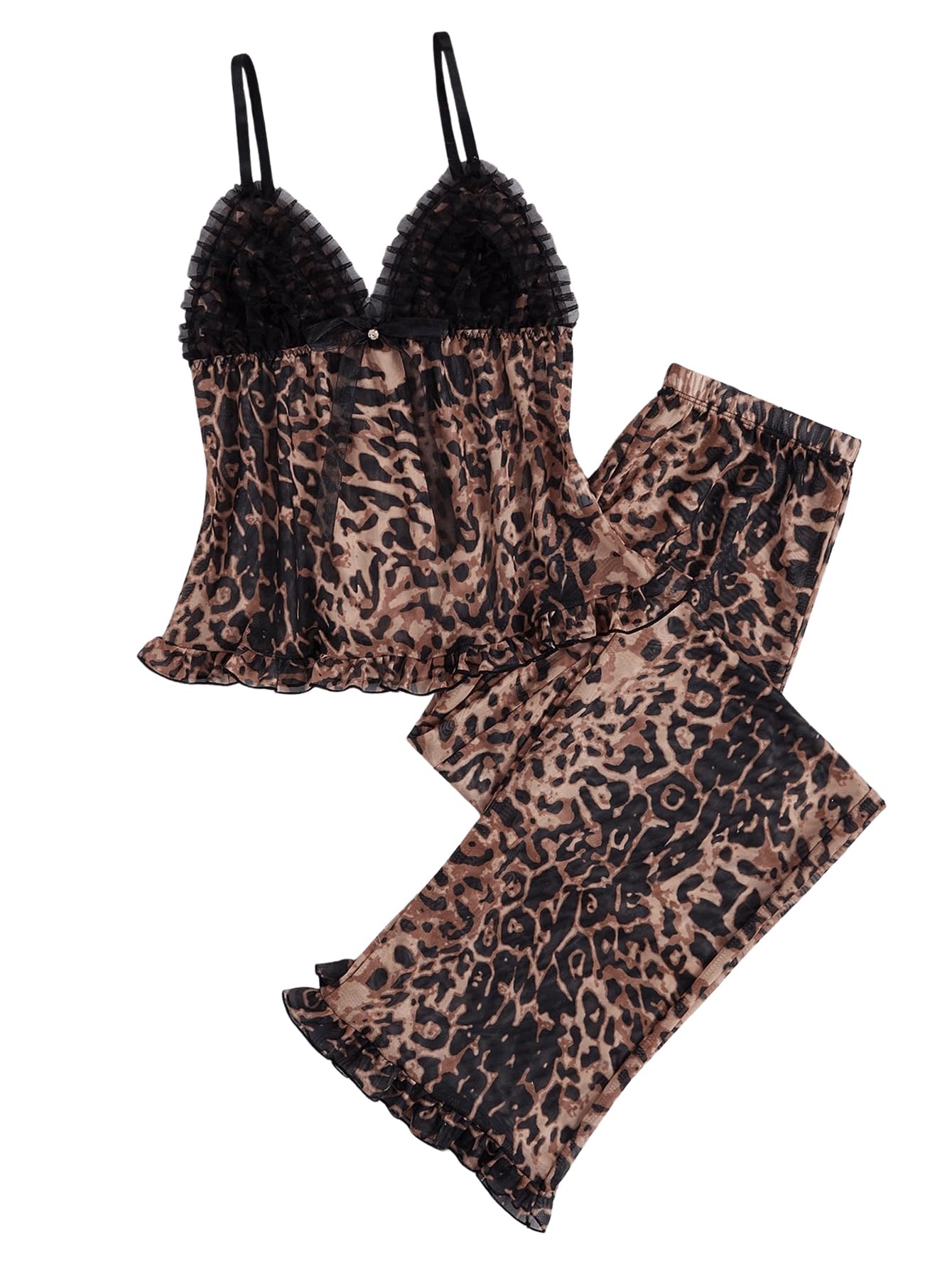 BEAUDRM Women's 2 Piece Sexy Mesh Sheer Pajama Set Leopard Print Ruffle Trim Cami Top and Pants Sleepwear Cheetah Print Pjs: Medium Brown