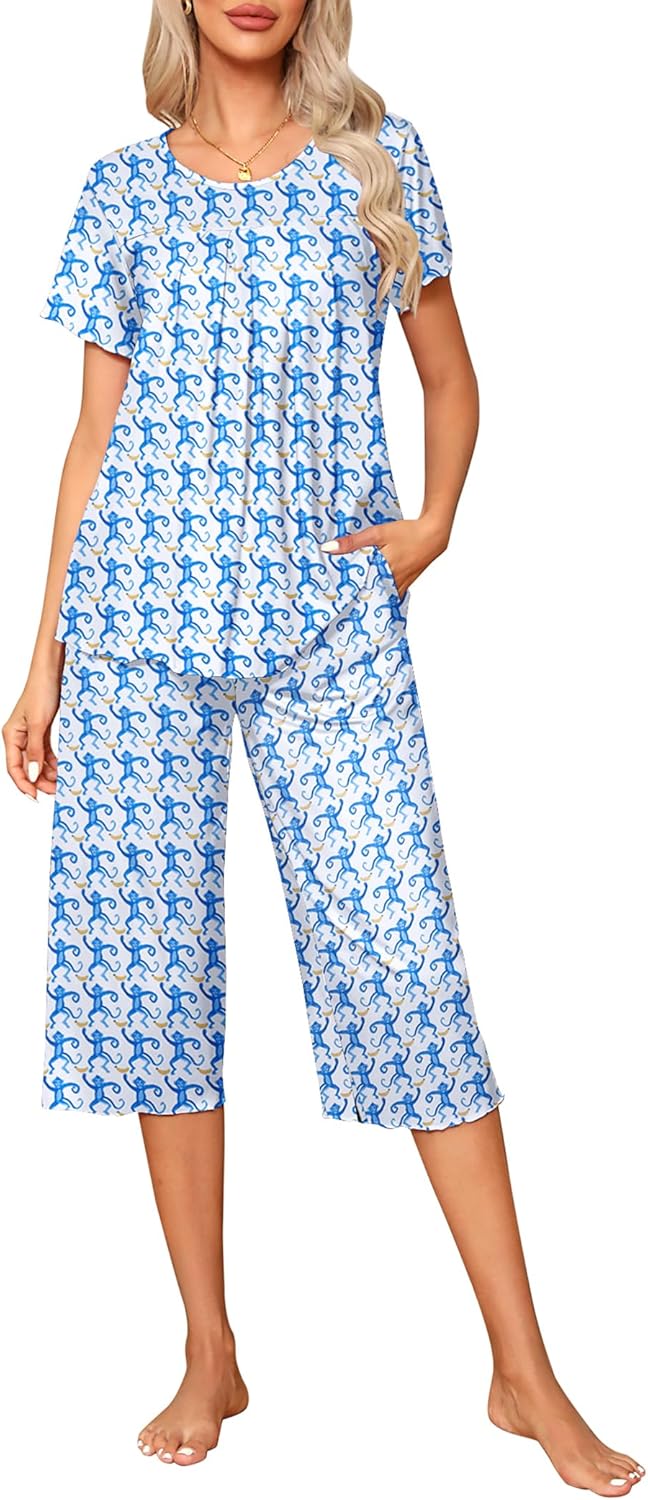 Ekouaer Pajama Set for Women 2 Piece Capri Pants Short Sleeve Top Sleepwear Soft Pjs Loungewear with Pockets S-3XL