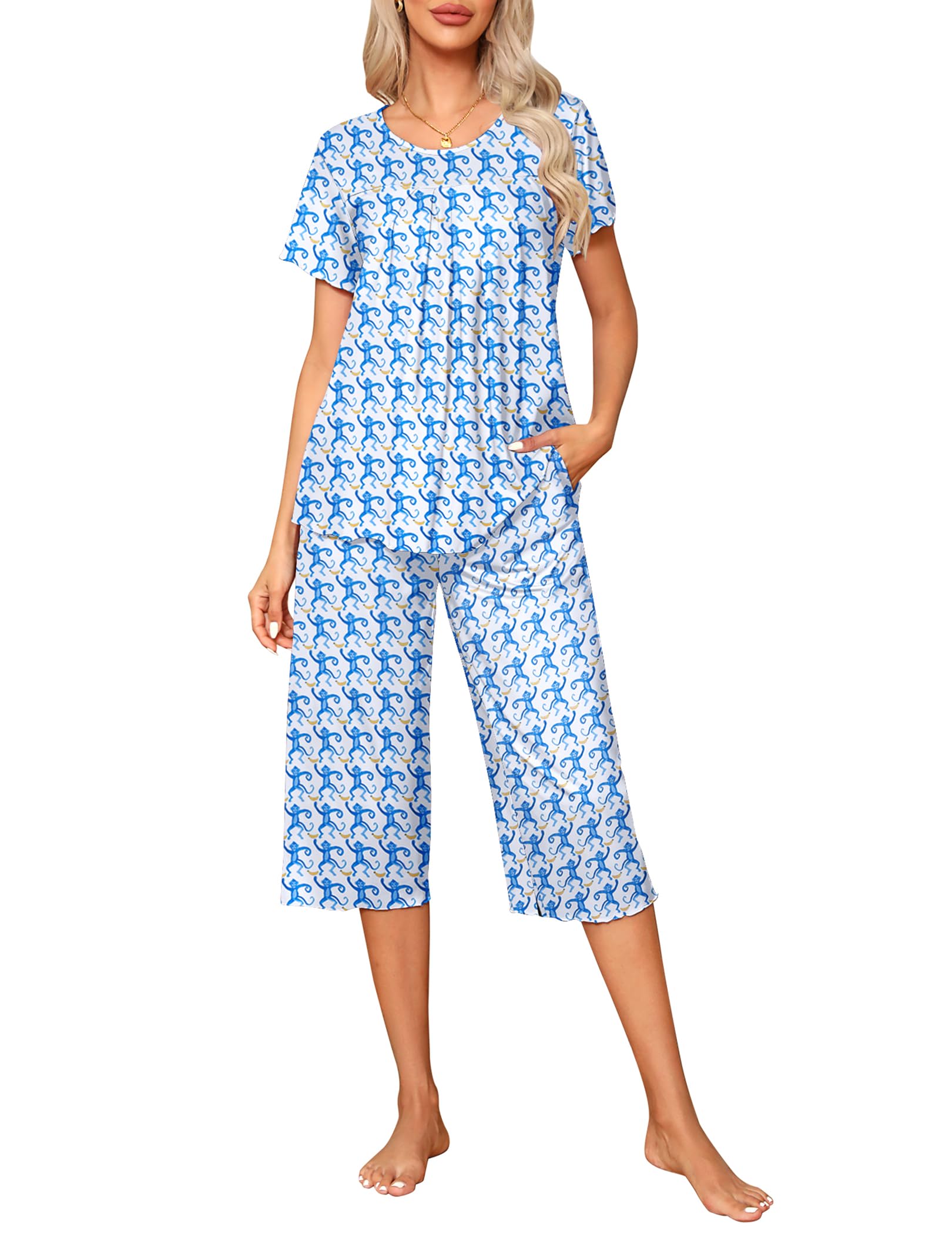 Ekouaer Pajama Set for Women 2 Piece Capri Pants Short Sleeve Top Sleepwear Soft Pjs Loungewear with Pockets S-3XL