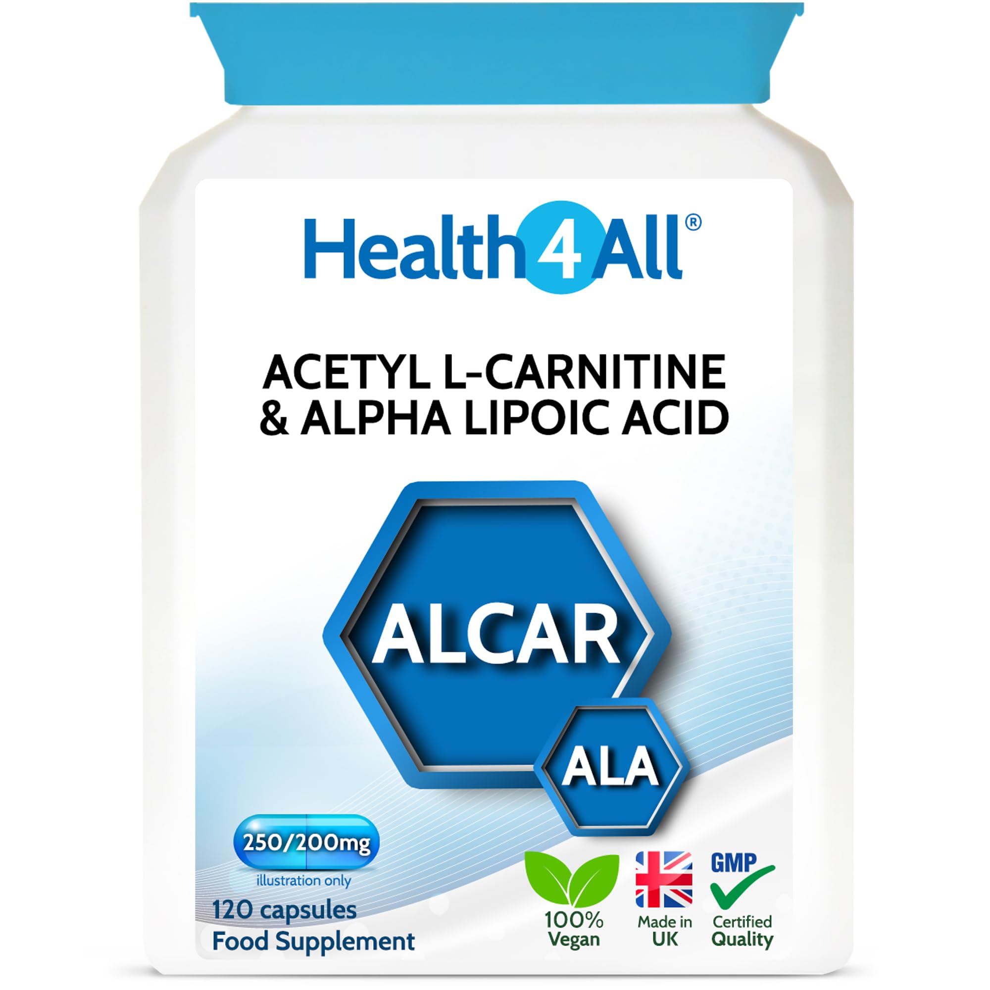 Acetyl L-Carnitine 250mg & Alpha Lipoic Acid 200mg 120 Capsules, Vegan ALCAR & ALA Supplement for Brain Function, Focus, Memory, Cognitive Performance & Mitochondrial Energy - Made in UK by Health4All