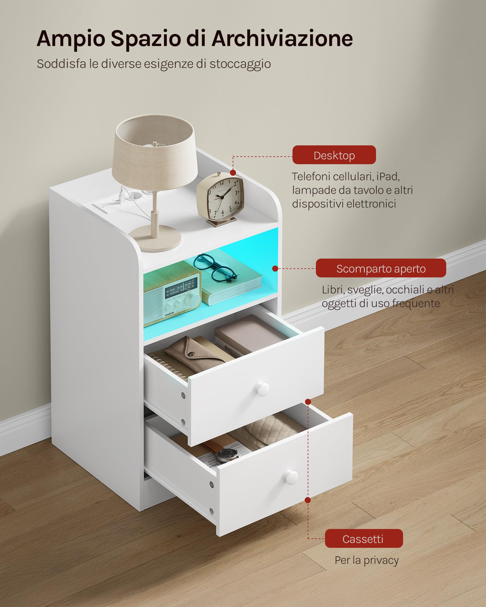WOLTU Comodino con Stazione di Ricarica, Prese, Porte USB, Tavolino con Luci LED Regolabile, Cassettiera con Cassetti e Scomparto, 40x35x64cm, per Camera da Letto, in Legno, Bianco NTS07ws