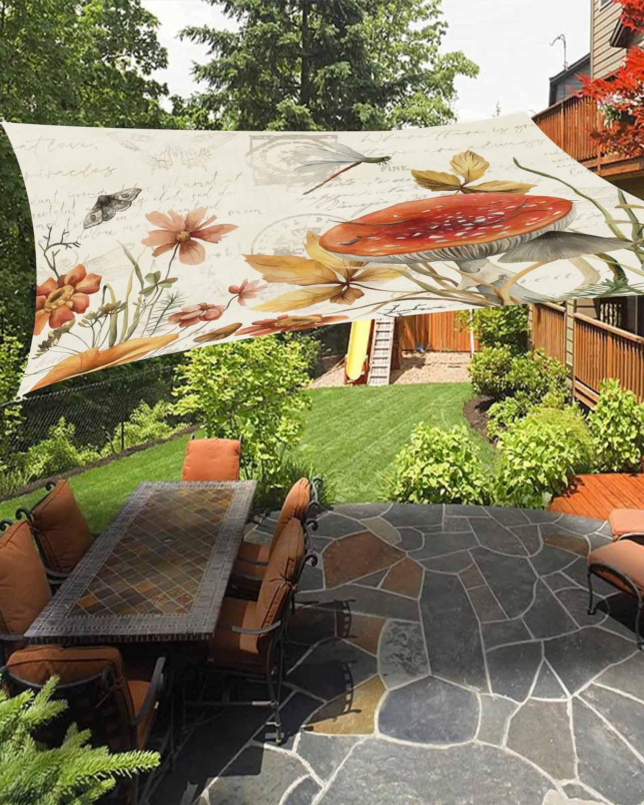 Boanket Sun Shade Sail 6.5' x 10', Mushroom UV Block Sun Sails Shades, Retro Fall Botanical Farmhouse Floral Butterfly Shade Cloth for Patio Deck Terrace Garden Lawns Beach Backyard