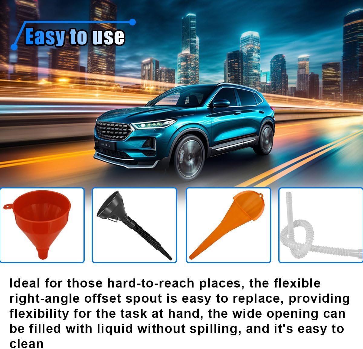 6PCS Car Funnel Set, Flexible Wide Mouth Oil Funnel, Plastic Long Neck Oil Funnels, Car Funnel Accessories for Water Engine Oil Gasoline Coolant, Right Angle Fuel Funnel with Removable Nozzle & Filter