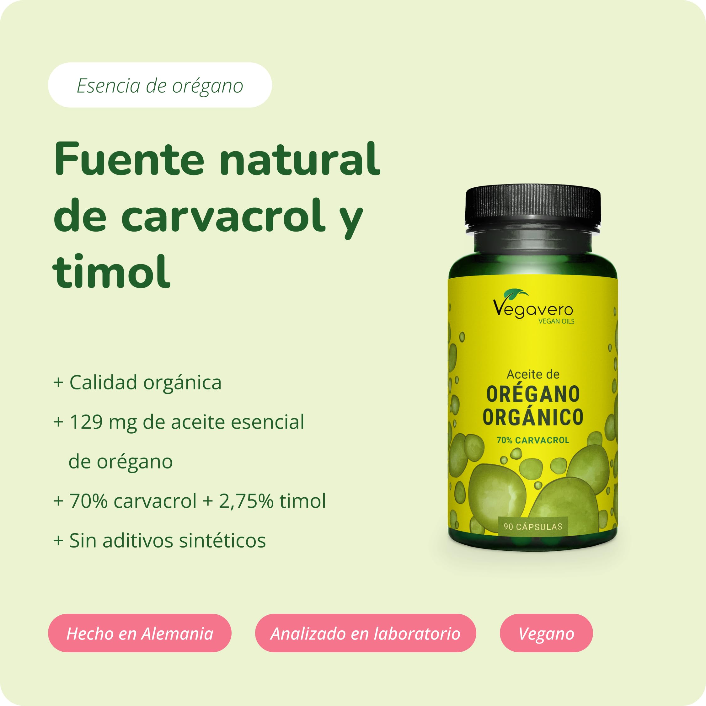 Aceite de Orégano Vegavero | El ÚNICO ORGÁNICO Y VEGANO | Antioxidante + Cándida + Antiinflamatorio Natural | Oregano Oil | 70% Carvacrol + 2,5% Timol | Sin Aditivos