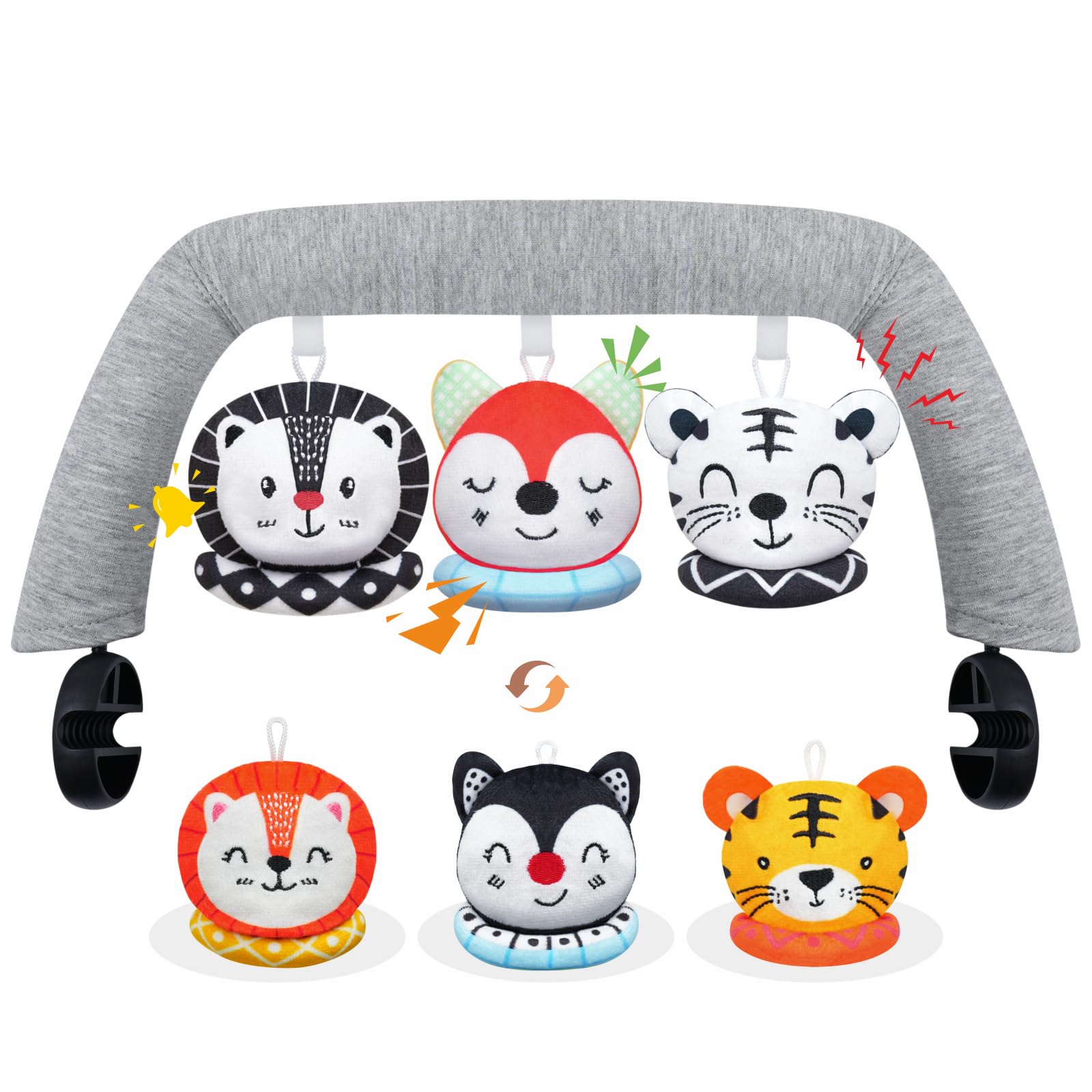 iGRATENS Baby Bouncer Toy Bar, 3pcs Reversible Animal Plushie 3-Inch Two-Sided Flip Plush Toy in Black and White & Colorful Design, Dual-view Effect, Easy to Attach & Remove, Soft & Fun for Baby