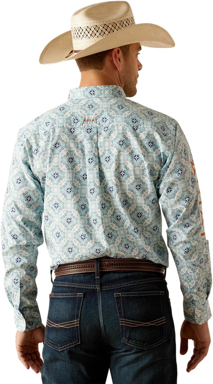 ARIAT White with Blue Medallion Print Team Emmett Classic Fit Collared Men's Longsleeve Shirt 10050533