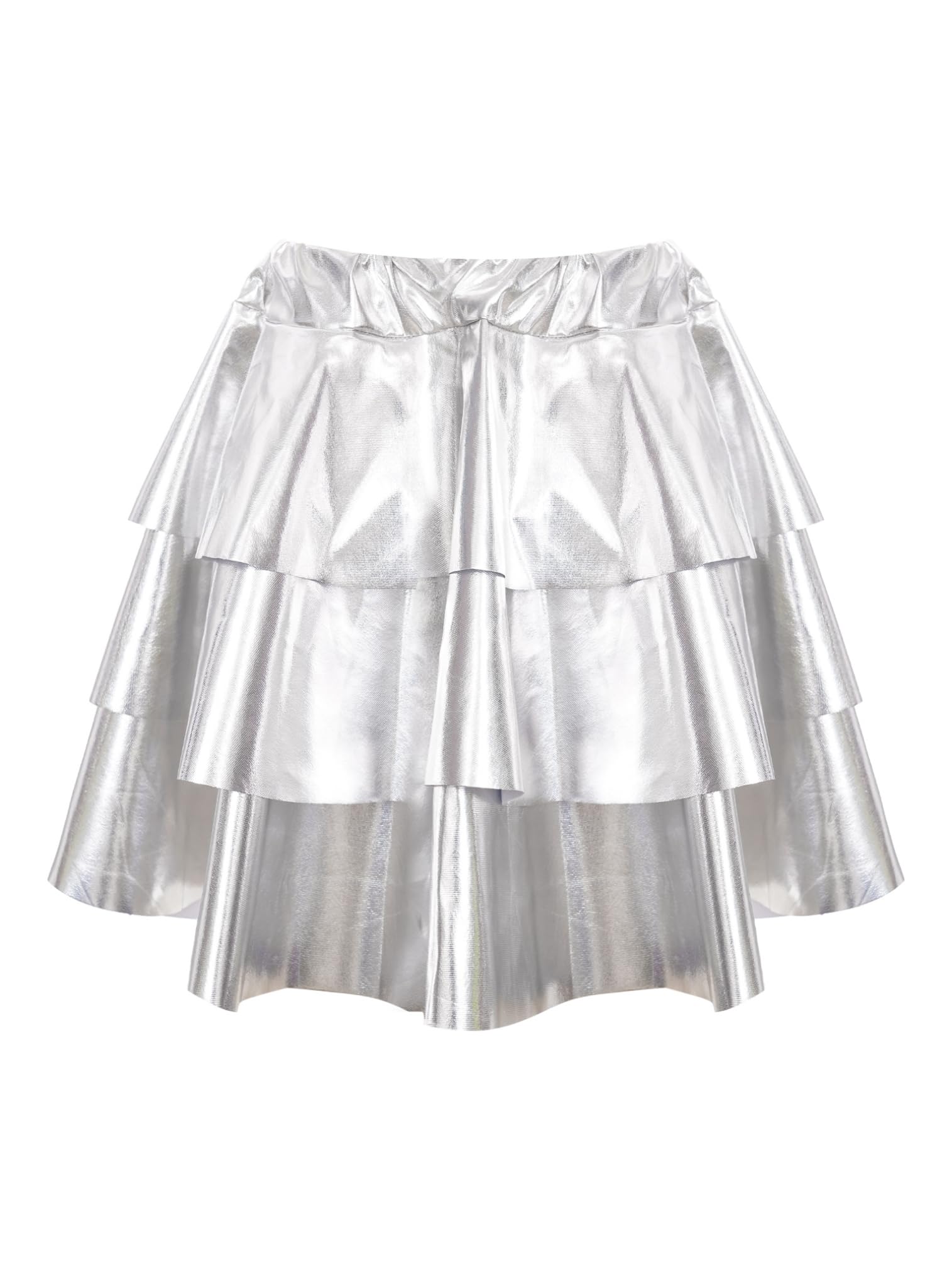 easyforever Kids Girls Shiny Metallic Skater Skort Cheerleading Ballet Dance Skirt 3-Layers Ruffle Mini Scooter Skirt Silver 11-12 Years