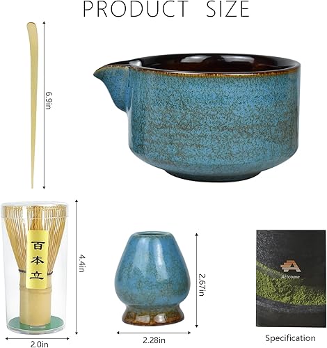 Miniatura 2 de Artcome Kit completo de ceremonia de té Matcha de 4 piezas para ceremonia de té japonesa, cuenco con boquilla de vertido, batidor, soporte para