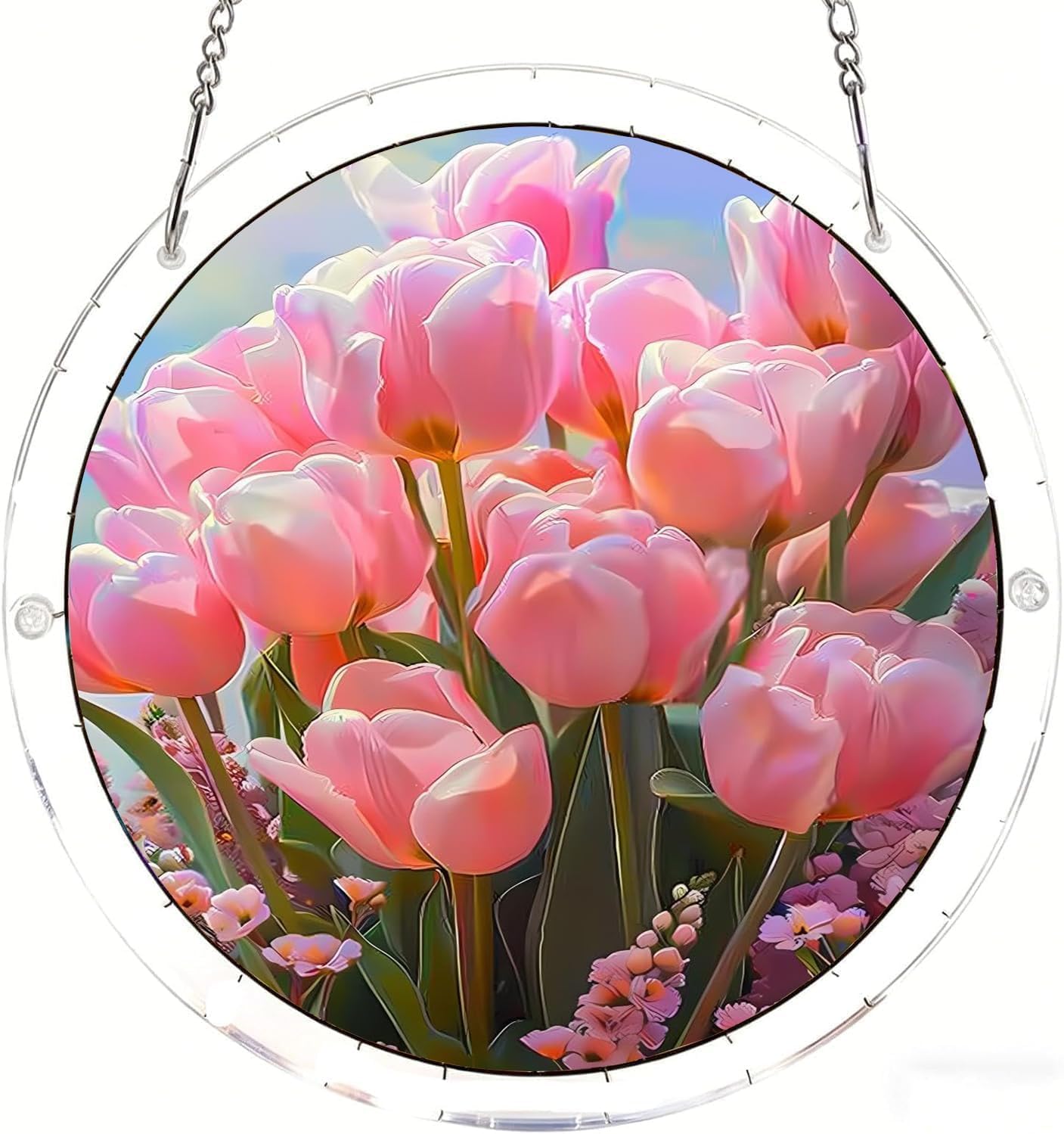 Vibrant Pink Tulips Tulip Acrylic Jigsaw Puzzles Suncatcher, 8.2 Inch Window Hanging Suncatcher Acrylic Puzzle, DIY Home Decor Art Gift