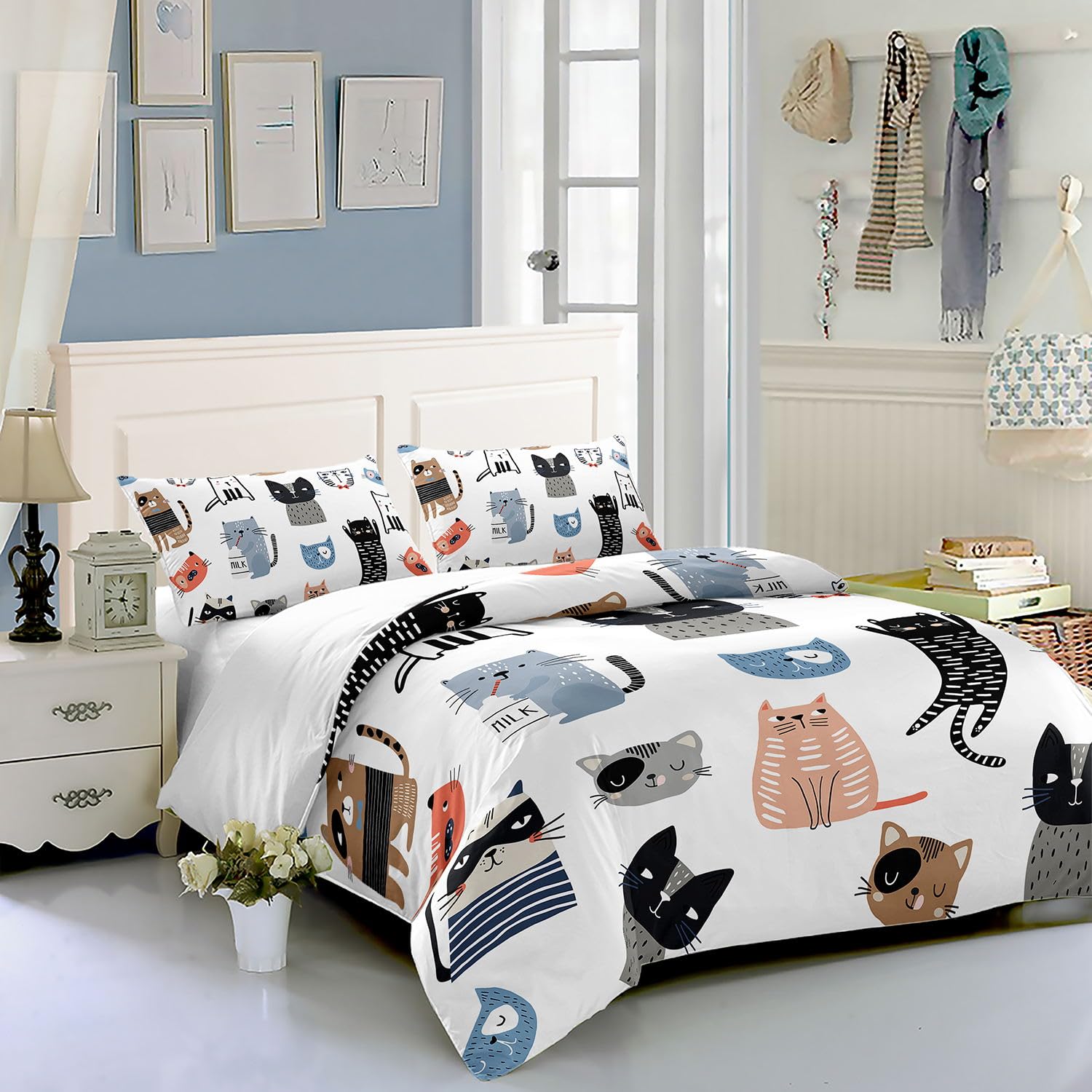 HOSIMA Bettwäsche-Set mit Cartoon-Katzen-Aufdruck für Erwachsene, Jungen und Mädchen - Bettbezug mit 2 Kissenbezügen (S)