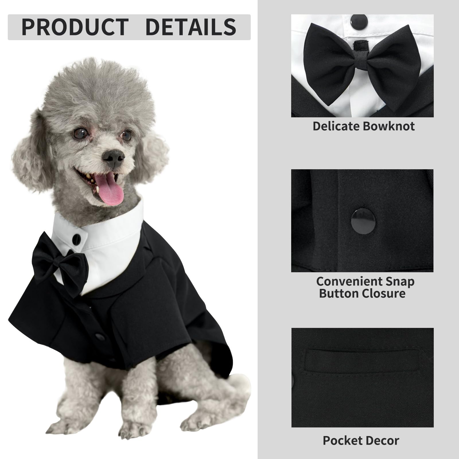 Dog Tuxedo Suit, Formal Pet Shirt Costume Wedding Attire with Black Bow Tie, Pet Outfit Apparel for Small Dogs Cats (Black, Medium) - Image 3