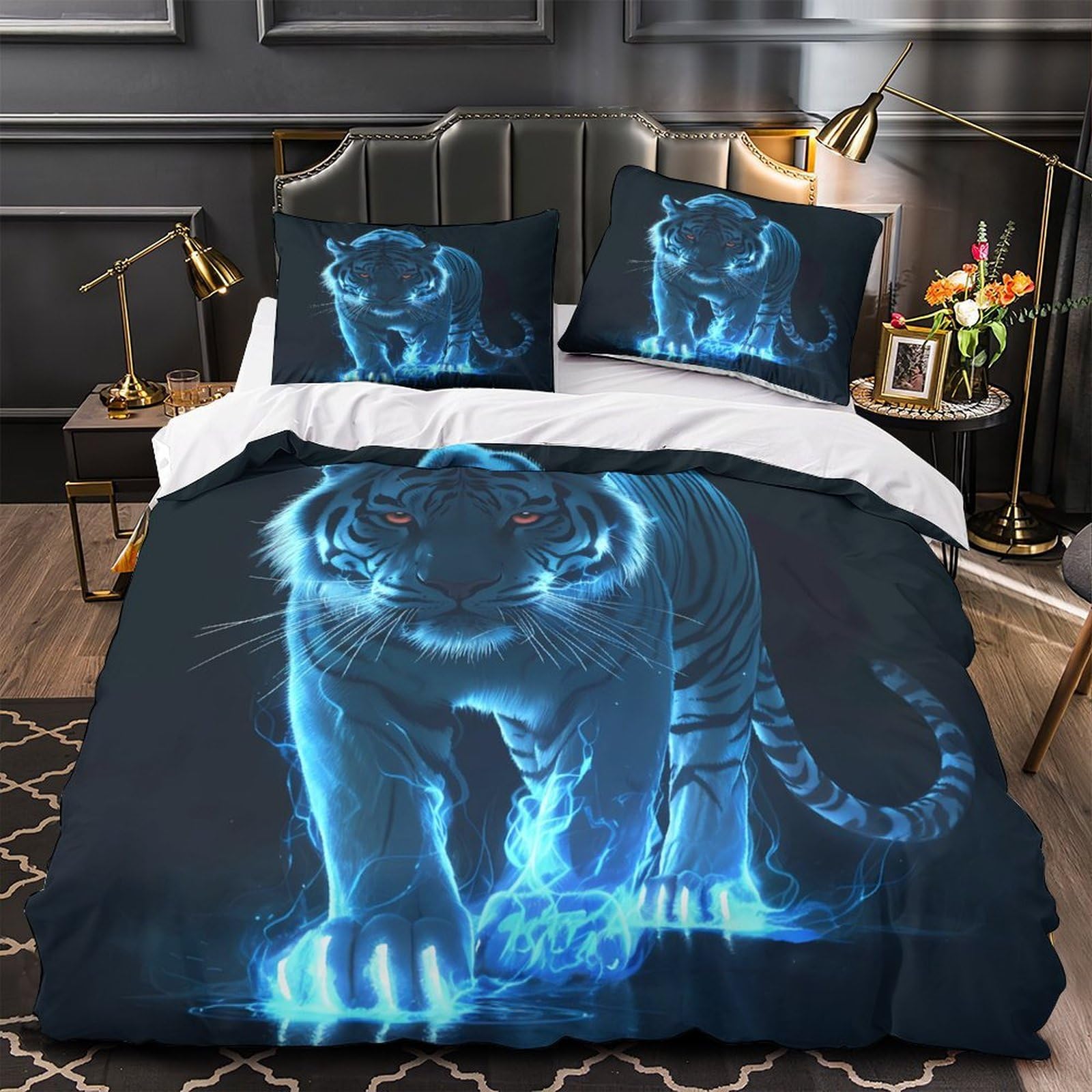 Parure de lit tigre bleu hypoallergénique avec fermeture éclair ado
