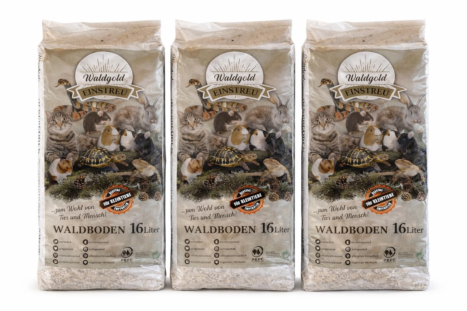 Waldgold Waldboden-Einstreu für Kleintiere 48 L, 3 Säcke – staubarm | Natürliche Holzschnitzel, geruchsbindend, nachhaltige Naturstreu, ideal zum Buddeln & Erkunden, für Hamster, Nager, Kaninchen