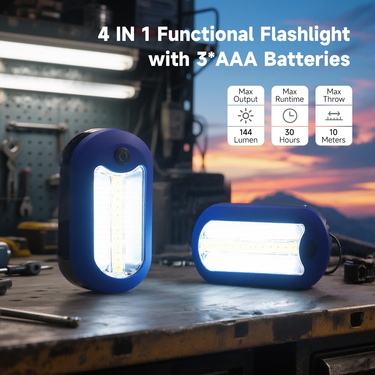 Lampada da campeggio a LED 3 in 1, mini torcia, torcia portatile tascabile, luce da lavoro magnetica, torcia con gancio, 144 lumen, 2 modalità a batteria, luce per esterni, emergenza, garage