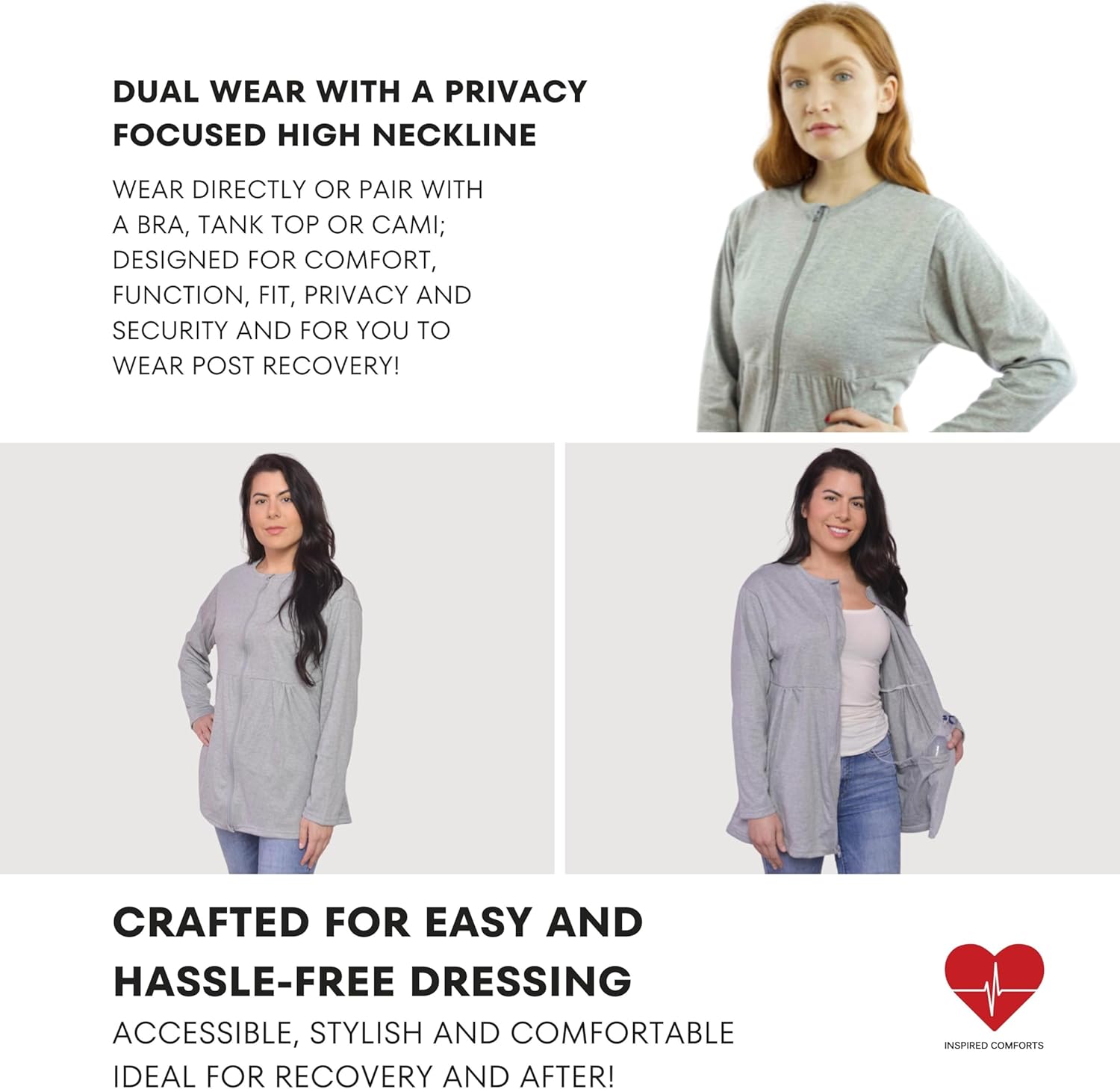 Inspired Comforts Women's Mastectomy Recovery Full Sleeves Front Open Zip Up Shirt with Drain Pockets - Image 4