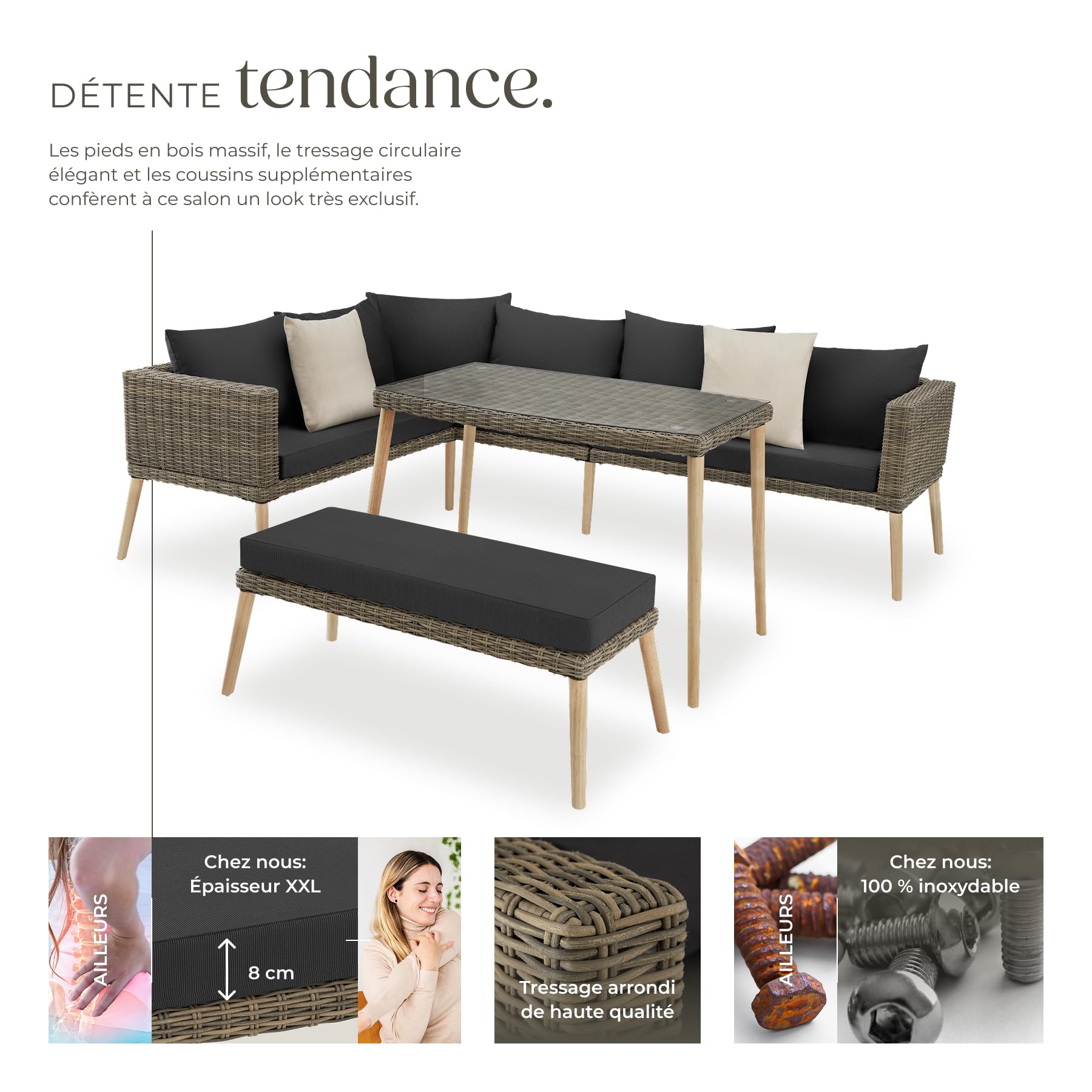 tectake® Ensemble Salon de Jardin Exterieur en Poly Rotin et Aluminium, 4 Places 1 Canapé 1 Banquette Jardin et 1 Table de Jardin, Facile d'entretien, Mobilier pour Amenagement Balcon Terrasse Veranda
