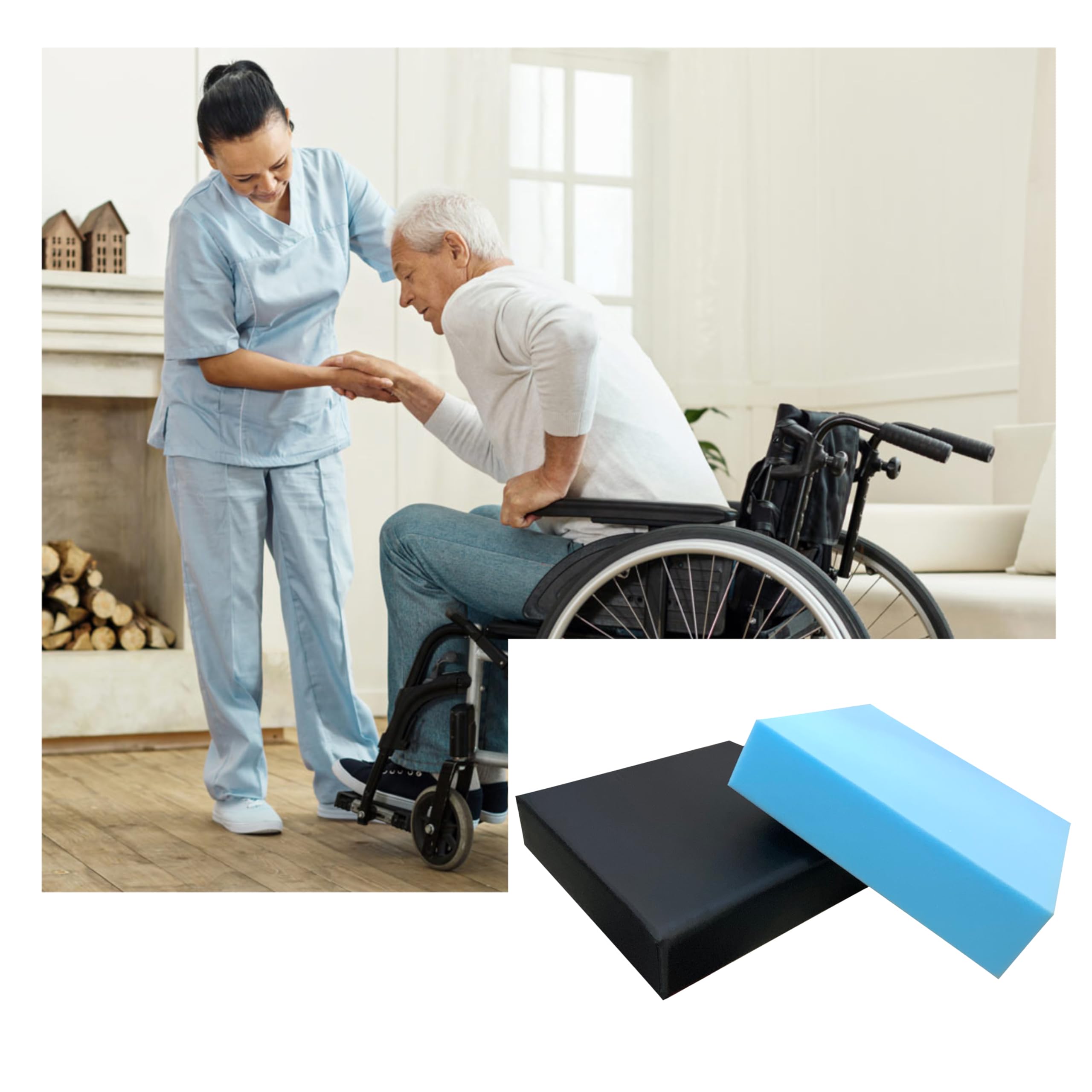 Cuscino antidecubito quadrato per sedia a rotelle - Ortopedico per coccige e zona lombare con rivestimento impermeabile e traspirante, imbottitura in schiuma HR Comfort.