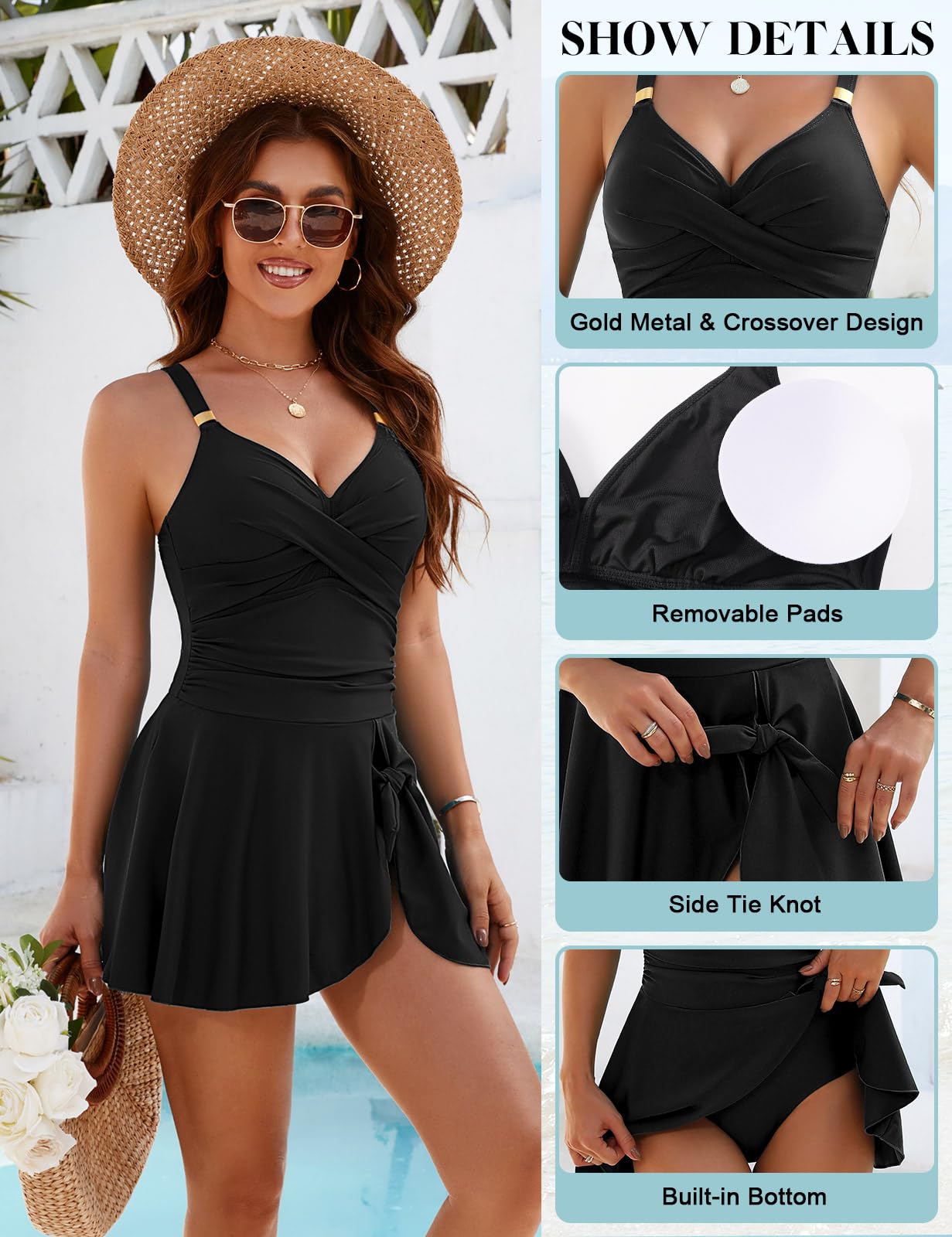 Maillot de Bain Femme 1 Pieces V Neck Ruched Gainant Ventre Plat Swimsuit Push Up Rembourré avec Bandoulière Réglable Swimdress