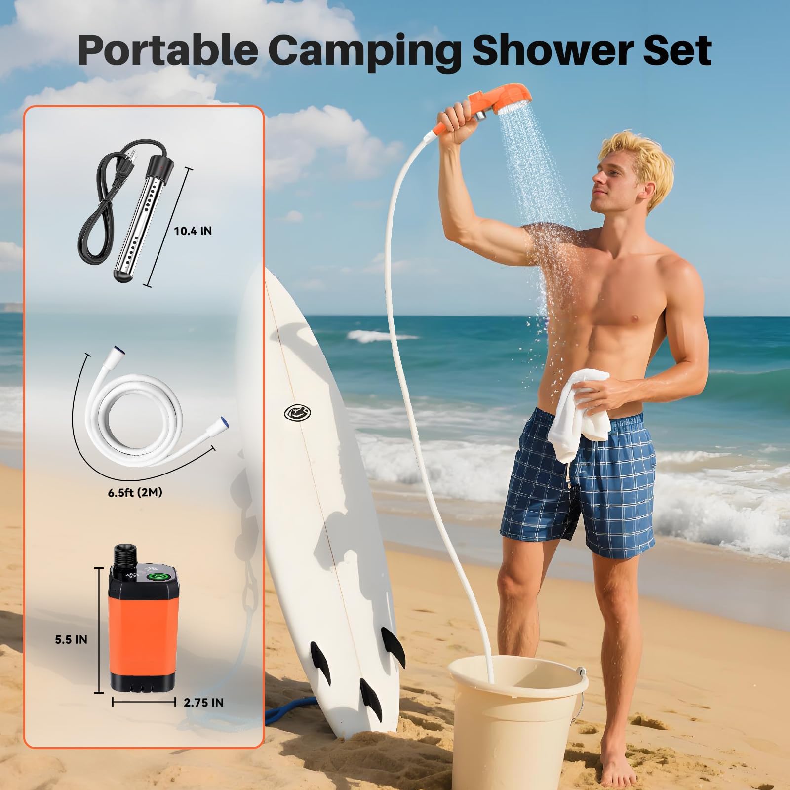 Douche de camping portable avec chauffage, 6000 mAh rechargeable avec chauffage à immersion automatique de 2000 W, écran LED, douche extérieure chauffante pour voyage, randonnée, voiture