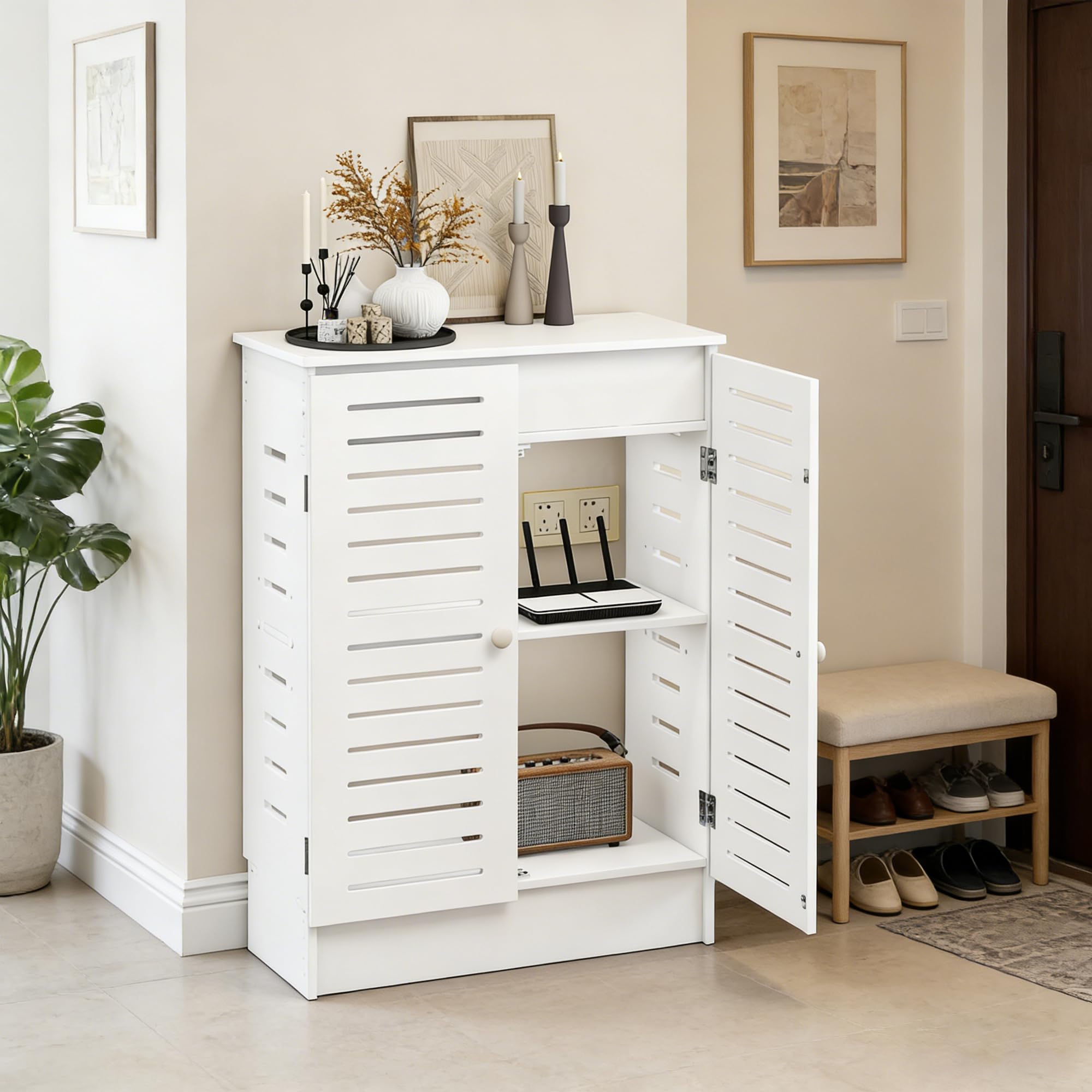 bimiti Armoire de Rangement pour Routeur Wi-FI, Armoire pour Routeur Bois | pour Salon, Rangement Câbles Électroniques, Équipements Multimédias, Montage au Sol Blanc 70x25x50cm 2 Niveaux