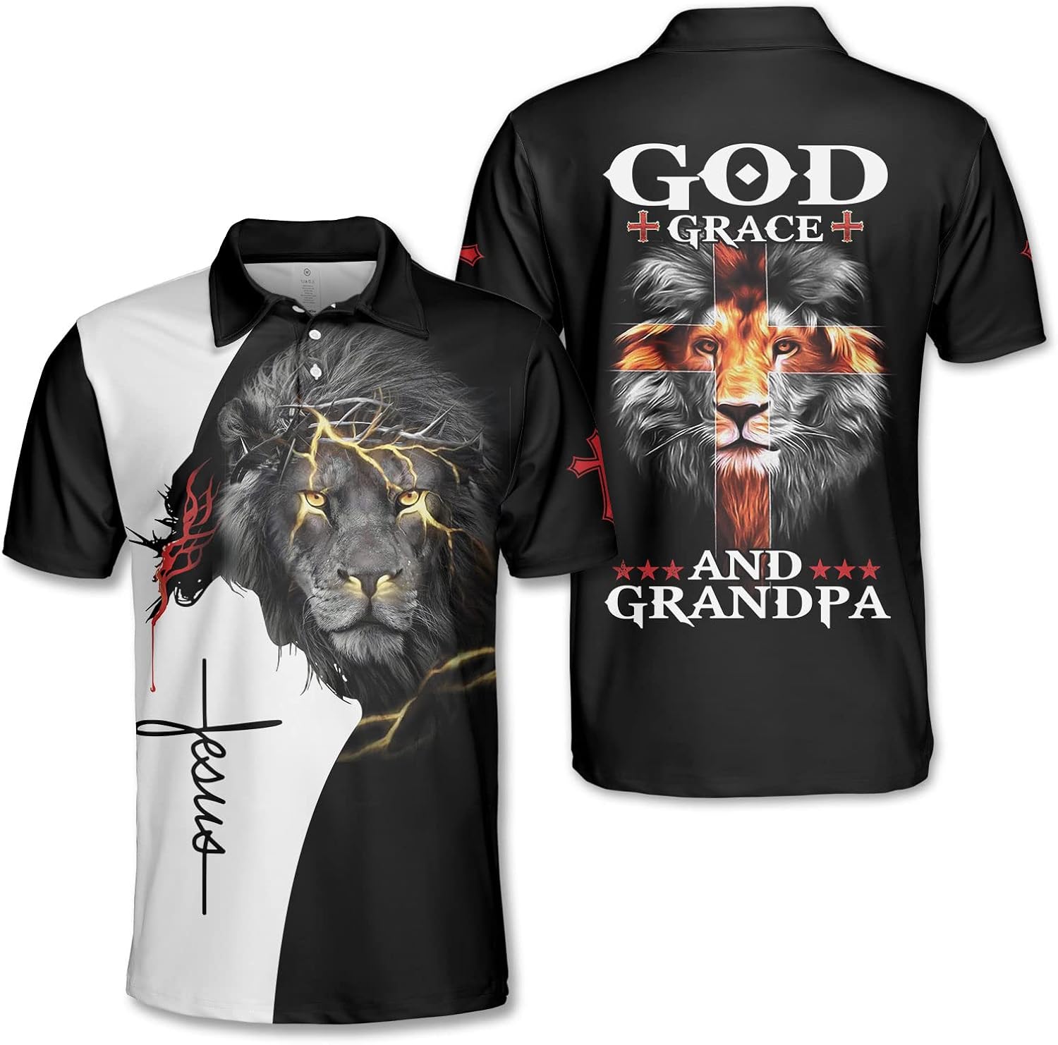 Funny Jesus Lion Golf Shirts for Men Dry Fit, Grandpa Golf Polo Shirt, Mens Golf Polos Golfing Gift Idea
