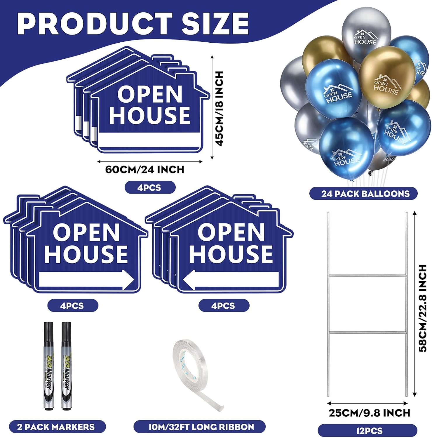 Beeveer 63 Pcs Open House Signs with Stakes for Estate Large Double Sided Estate Sale Yard Signs with 24 Metallic Balloons Markers Ribbons Directional Arrows Agent Supplies(24 x 18 Inch,Blue)