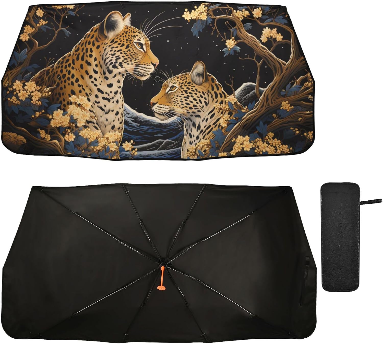 Car Umbrella Sun Shade Cover, Cheetah and Osmanthus Umbrella Sun Shade for Car Truck Window Front Windshield, Blocks UV Rays Sun Visor Protector Sun Heat Reflector to Keep Your Vehicle Cool