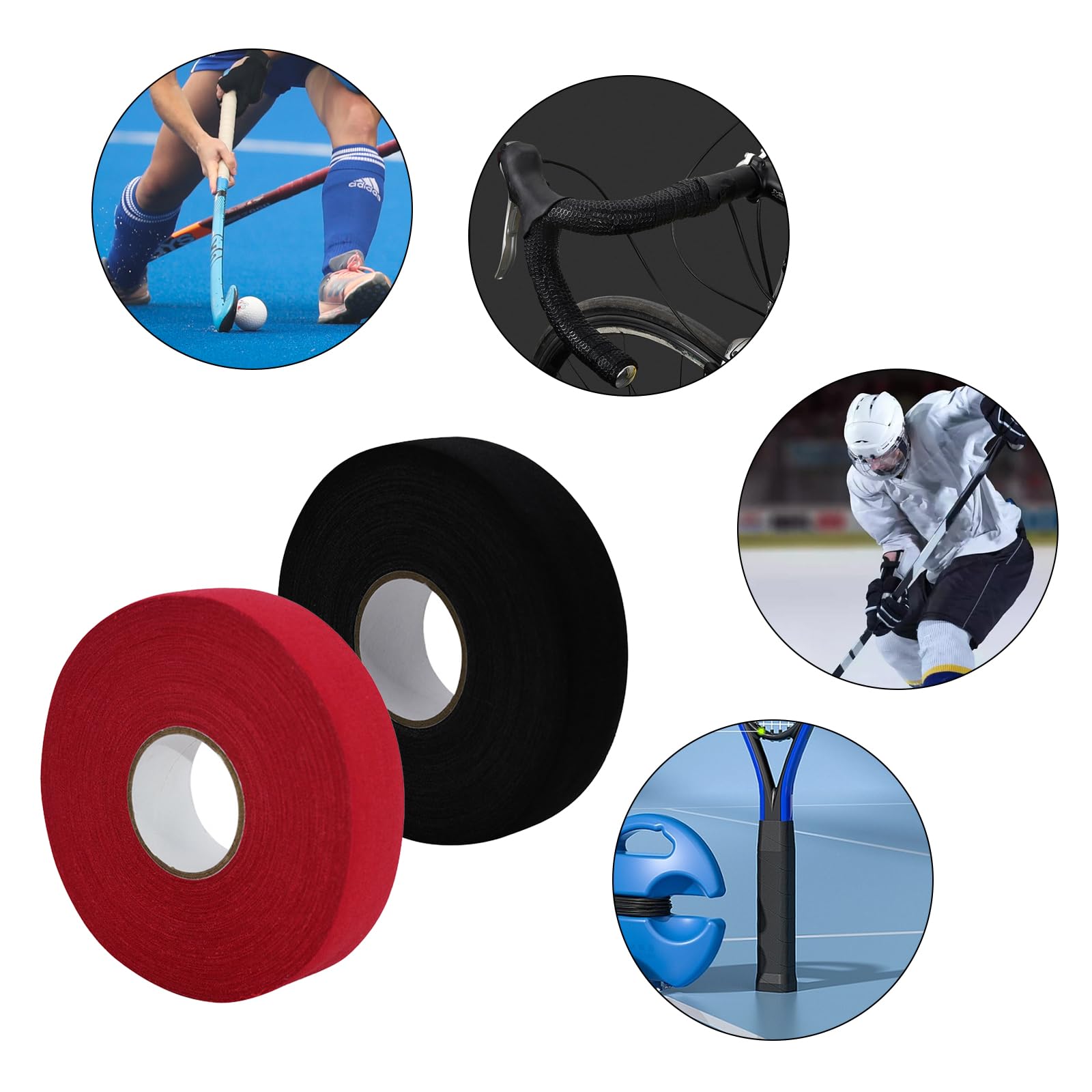 2 Rollos Cinta de Hockey Autoadhesivas Raqueta Cinta 2,5 cm x 25 m Cinta Hockey Antideslizante para Mango, Cinta de Tela para Hockey para Palo de Hockey Tenis Golf (Negro,Rojo)