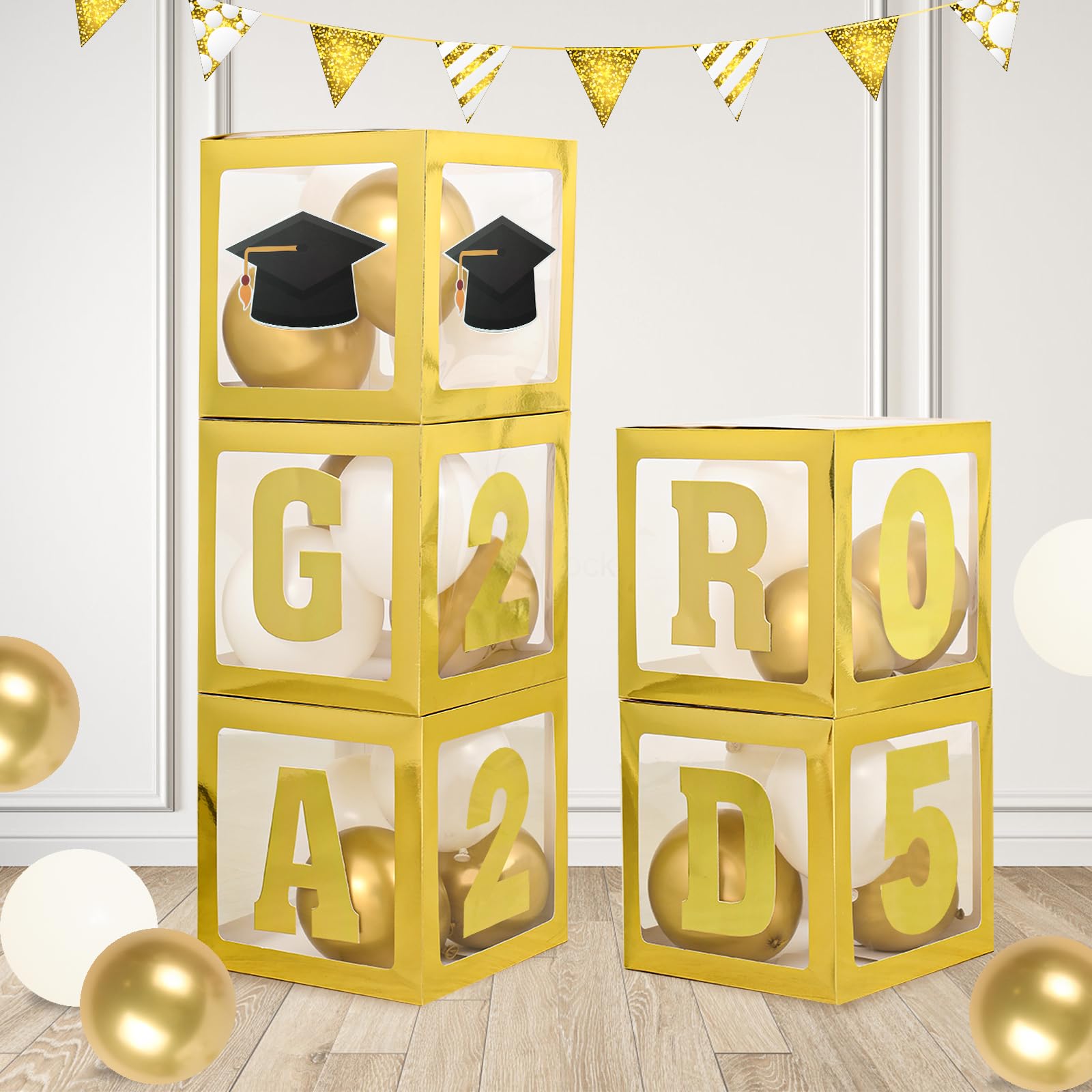 Graduation Party Decorations 2025,5pcs Gold Grad Boxes with Letters “GRAD”,“2025”,Cap for Graduation Decoration Class of 2025 for Preschool