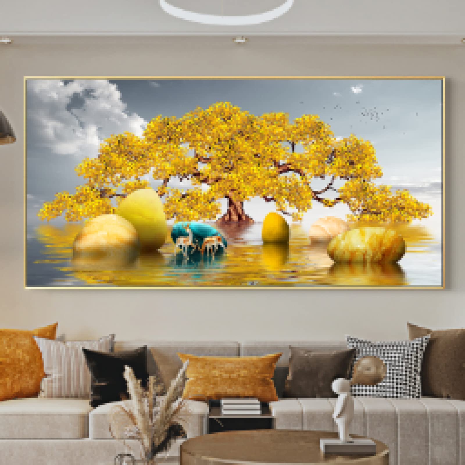 Peinture Toile Mur Art Premium Toile Doré Arbre Riche Cerf Paysage Décoration Murale Salon Épuré - 6