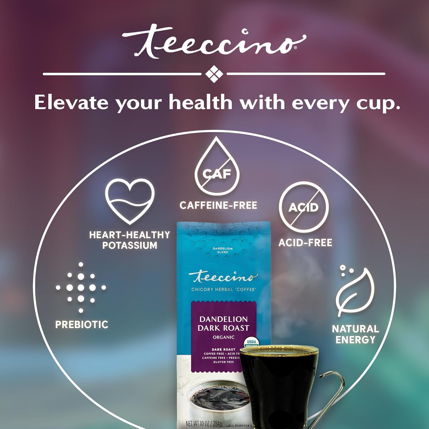 Teeccino Dandelion Dark Roast Herbal Coffee - Caffeine-Free Coffee Alternative with Prebiotics, Gluten Free, Acid Free, Organic - 10 oz (Pack of 3)
