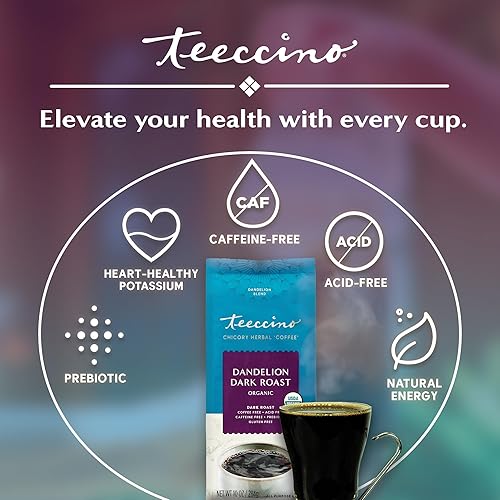 Miniatura 3 de Teeccino Dandelion Herbal Coffee Alternative - Dark Roast - Sustituto de café molido raíz de diente de león orgánico prebiótico libre de cafeína sin