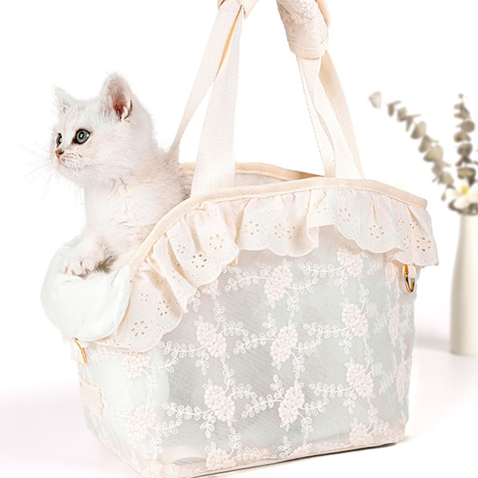 Lace Dog Cat Purse Carrier Breathable Large Capacity Prevents Breaking D Ring Pet Travel Handbag Beige (L)