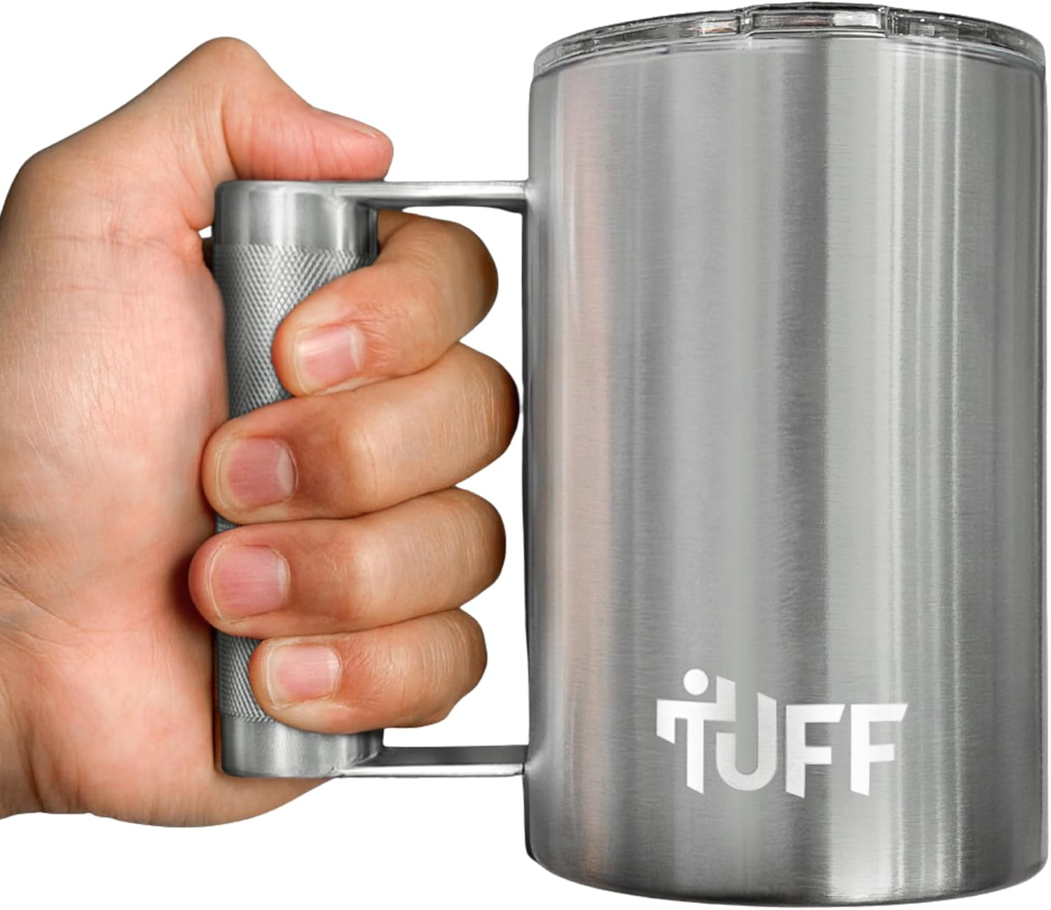 16 oz Insulated Stainless Steel Mug with Barbell Handle, Vacuum Insulated, with Splash Proof Lid, Silver