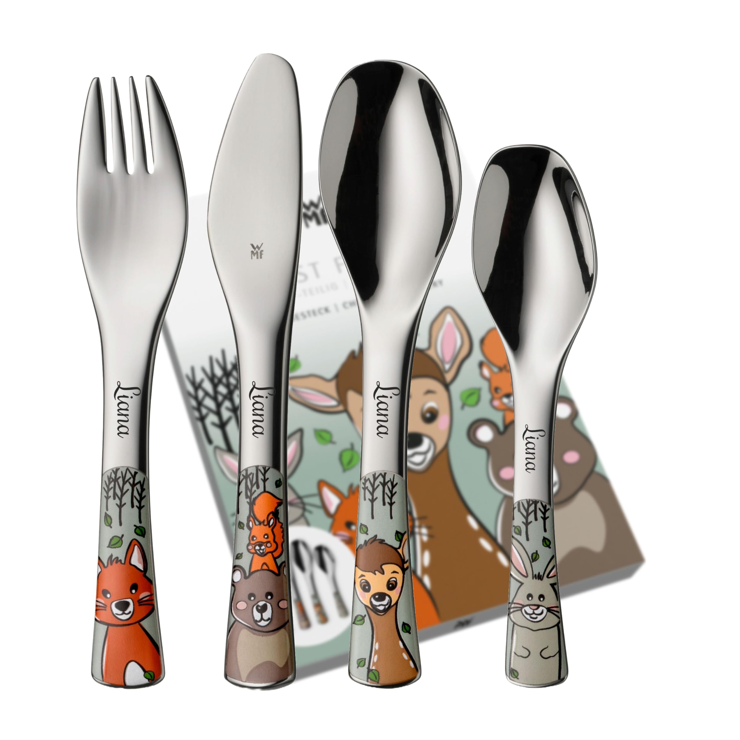 Posate per bambini WMF Forest Friends con incisione del nome - bellissimo set di posate per bambini - regali di battesimo personalizzati con incisione - idee regalo per bambine e bambini dai 3 anni