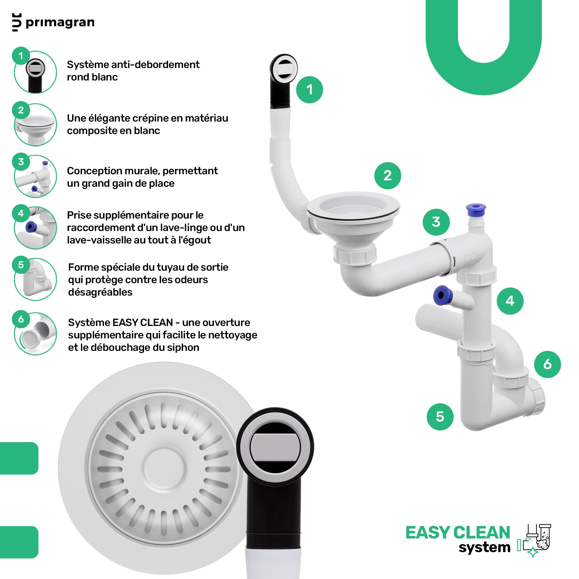 PRIMAGRAN Evier Cuisine en Granit Tout Blanc 38x44cm, Lavabo 1 bac + Kit de Vidage, Évier à Encastrer au Meuble 40cm - Riga S008