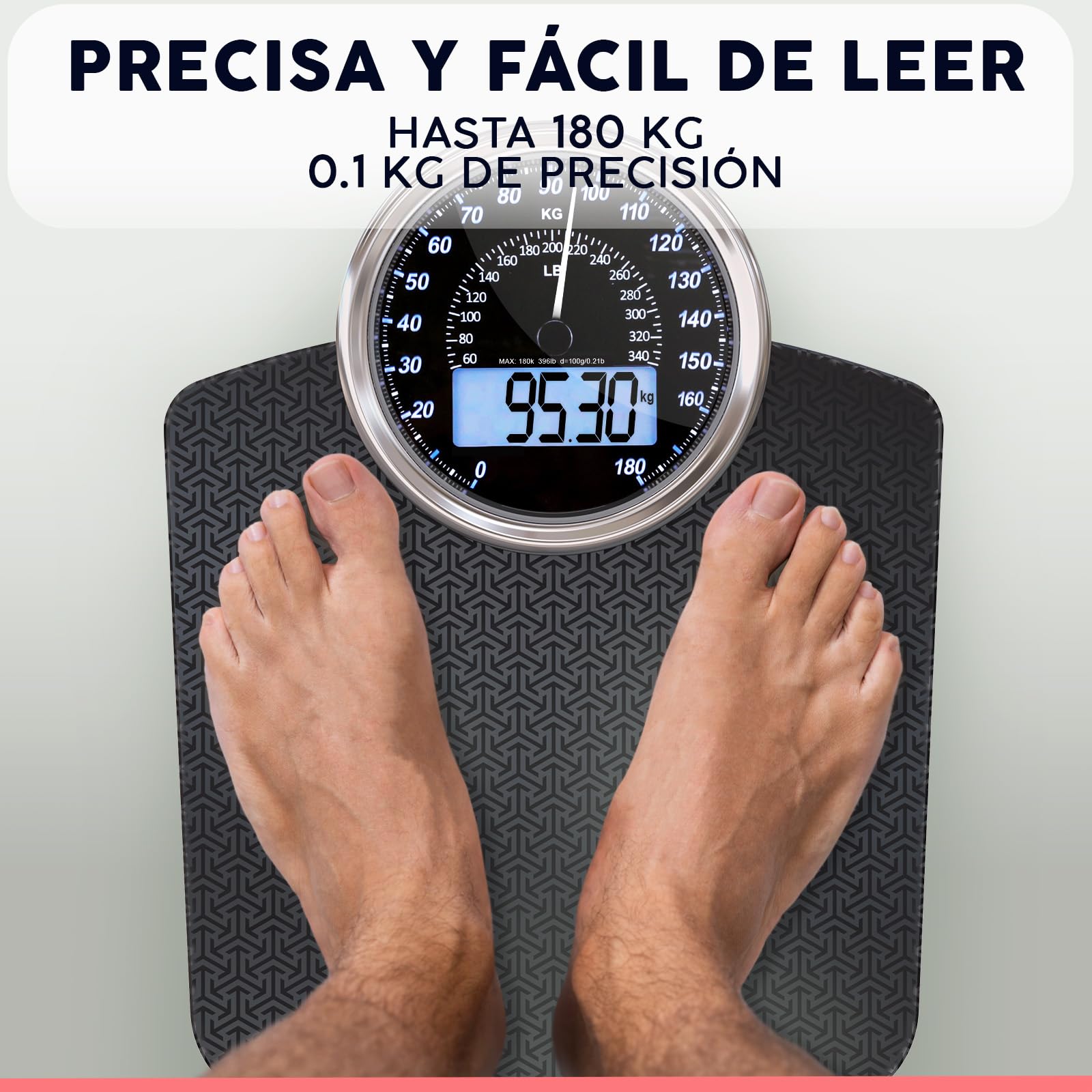 Hybrid Báscula de Baño - Analógica & Digital, Precisa hasta 180 kg | Vea su peso en el cuadrante analógico y LCD a la vez. Plataforma ancha, 3 pilas AAA incluidas, lista para usar.