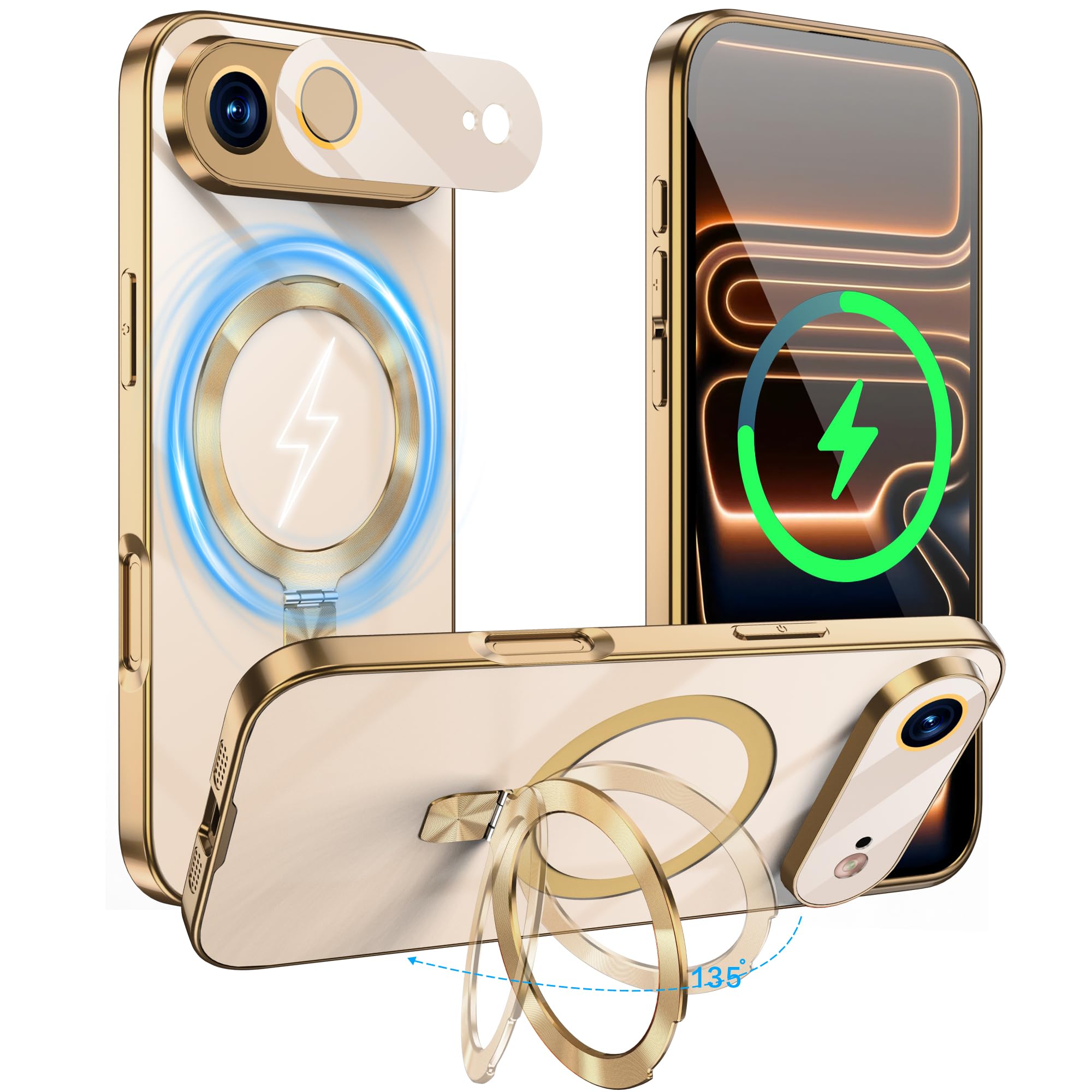 iPhone 17 air ケース Magsafe対応 多機能一体 マグネット ワイヤレス充電 折り畳みスタンド カメラ全面保護 いphone 17 air カバ 360°保護 米軍MIL規格 耐衝撃 CDリング おしゃれ 縦横両対応 ストラップ穴付き 防指紋 急速充電対応 軽量 黄変防止 (ゴールド, iPhone 17 air)