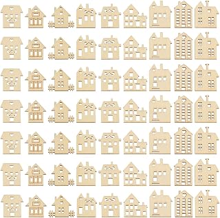 GORGECRAFT 100Pcs Unfinished House Shaped Wooden Cutouts Random Styles House Slices Craft Embellishments Blank Wood Tag Christmas Tree Ornament for Home Wedding Birthday Xmas Tree Hanging DIY Decor